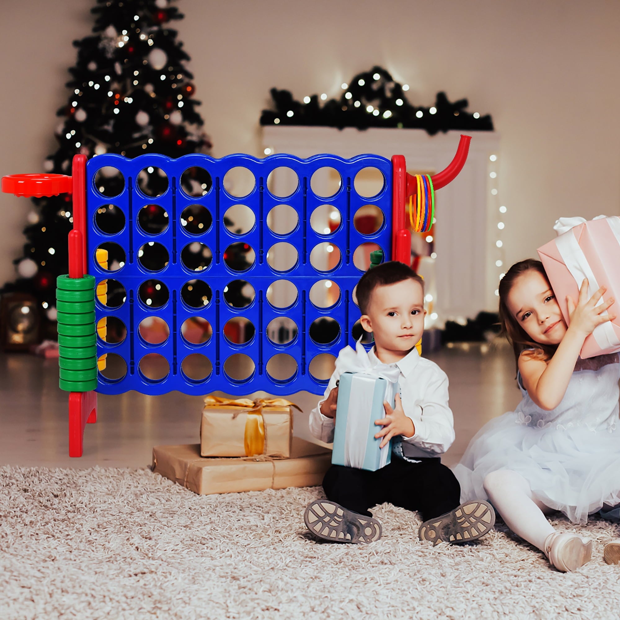 Costway 4-in-A Row Giant Game Set w/Basketball Hoop for Family Red