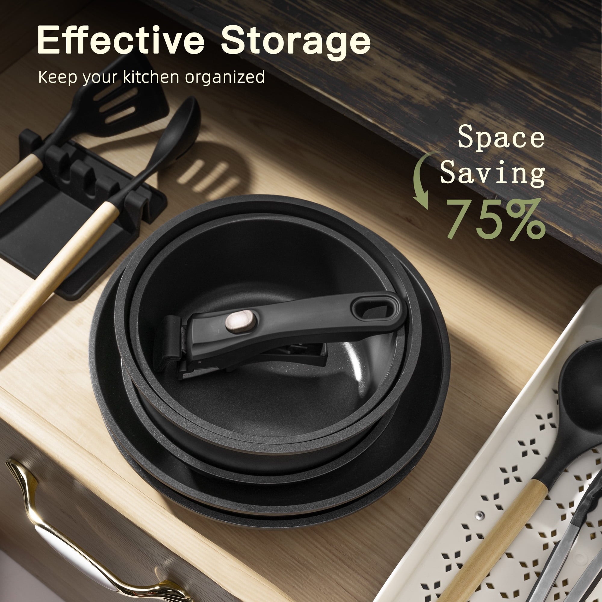 Astercook 20-Piece Pots and Pans Set, Nonstick Cookware Set with Detachable Handles, Oven & Dishwasher Safe, Induction Compatible, Stackable RV Kitchen Cooking Set, Black