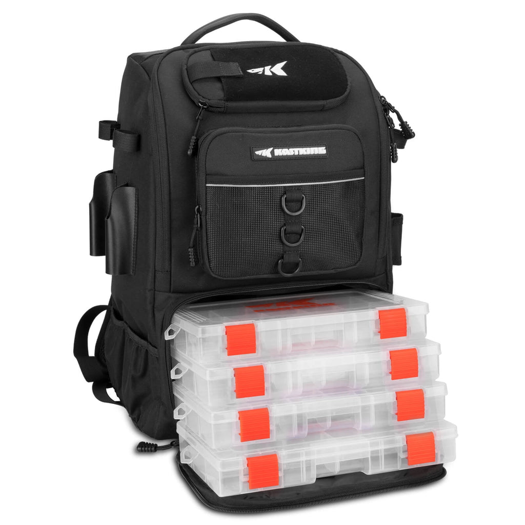 KastKing Fishing Tackle Backpack with Rod Holders 4 Tackle Boxes,Fishing Bag Storage Fishing Gear and Equipment-Black