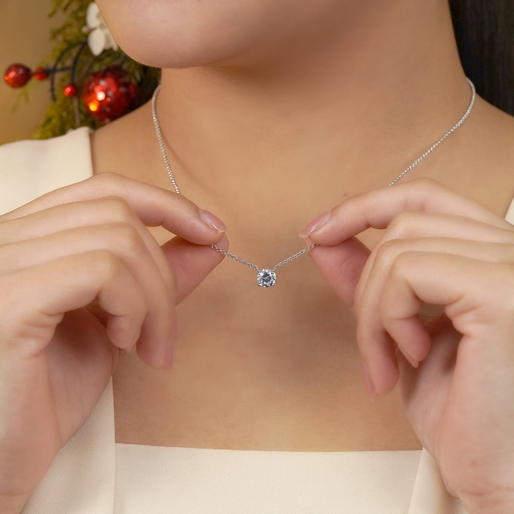 JeenMata 1 Carat Moissanite - April Birthstone Solitaire Pendant Necklace in 18K White Gold over Silver, Female, Adult