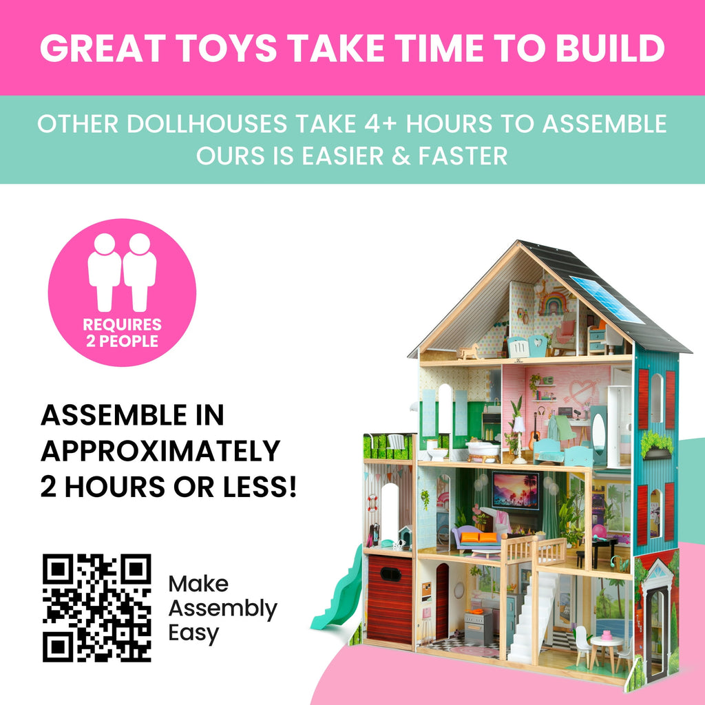 Delta Children Deluxe Maui Dollhouse with 50 Accessories - Large Wooden 4-Story Dollhouse with 12 Rooms - Working Elevator, Slide, Lights/Sounds - Fits 12-inch Dolls - Pretend Play Gift for Ages 3+