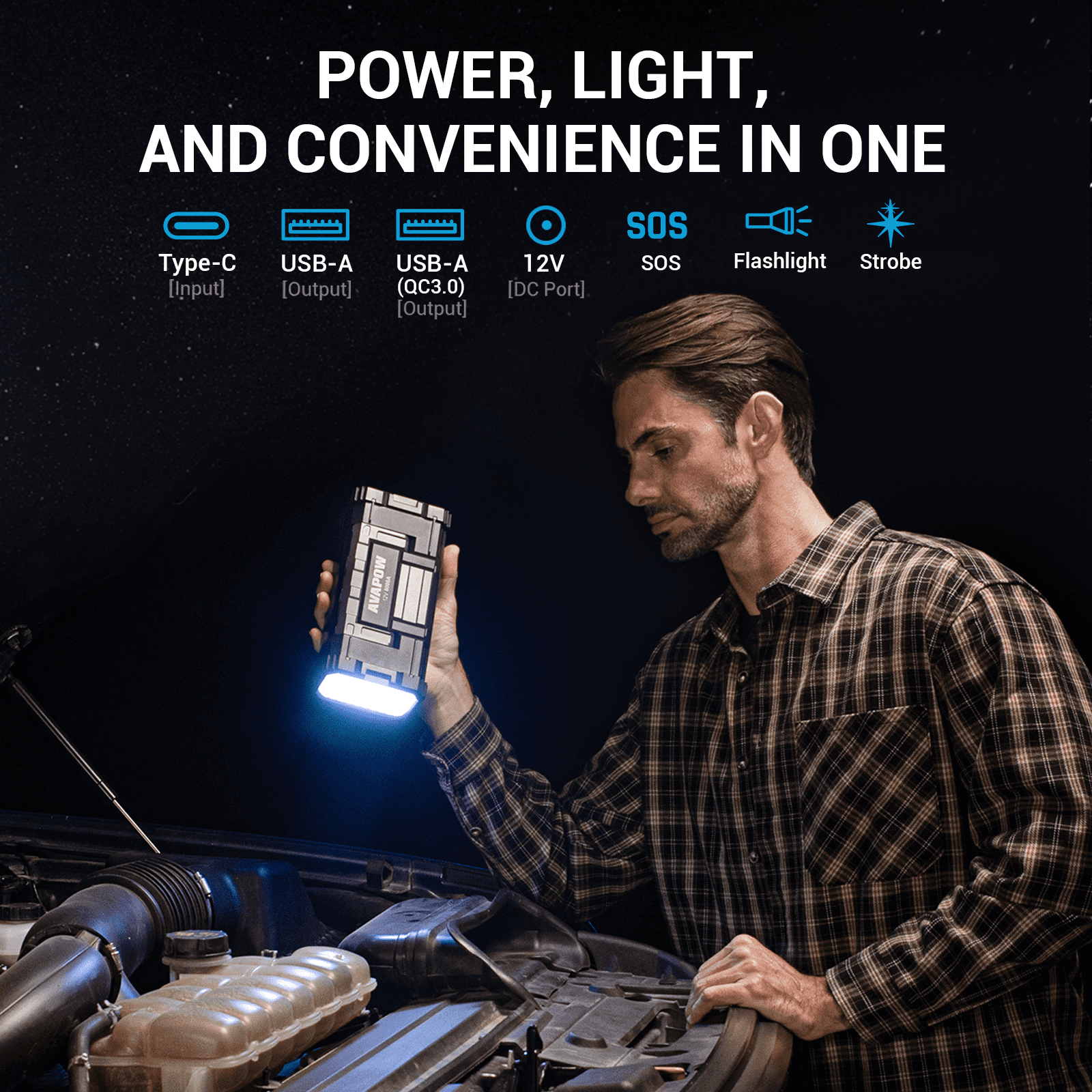 AVAPOW 6000A Car Battery Jump Starter(for All Gas or up to 12L Diesel) Powerful Car Jump Starter with Dual USB Quick Charge and DC Output,12V Jump Pack with Built-in LED Bright Light