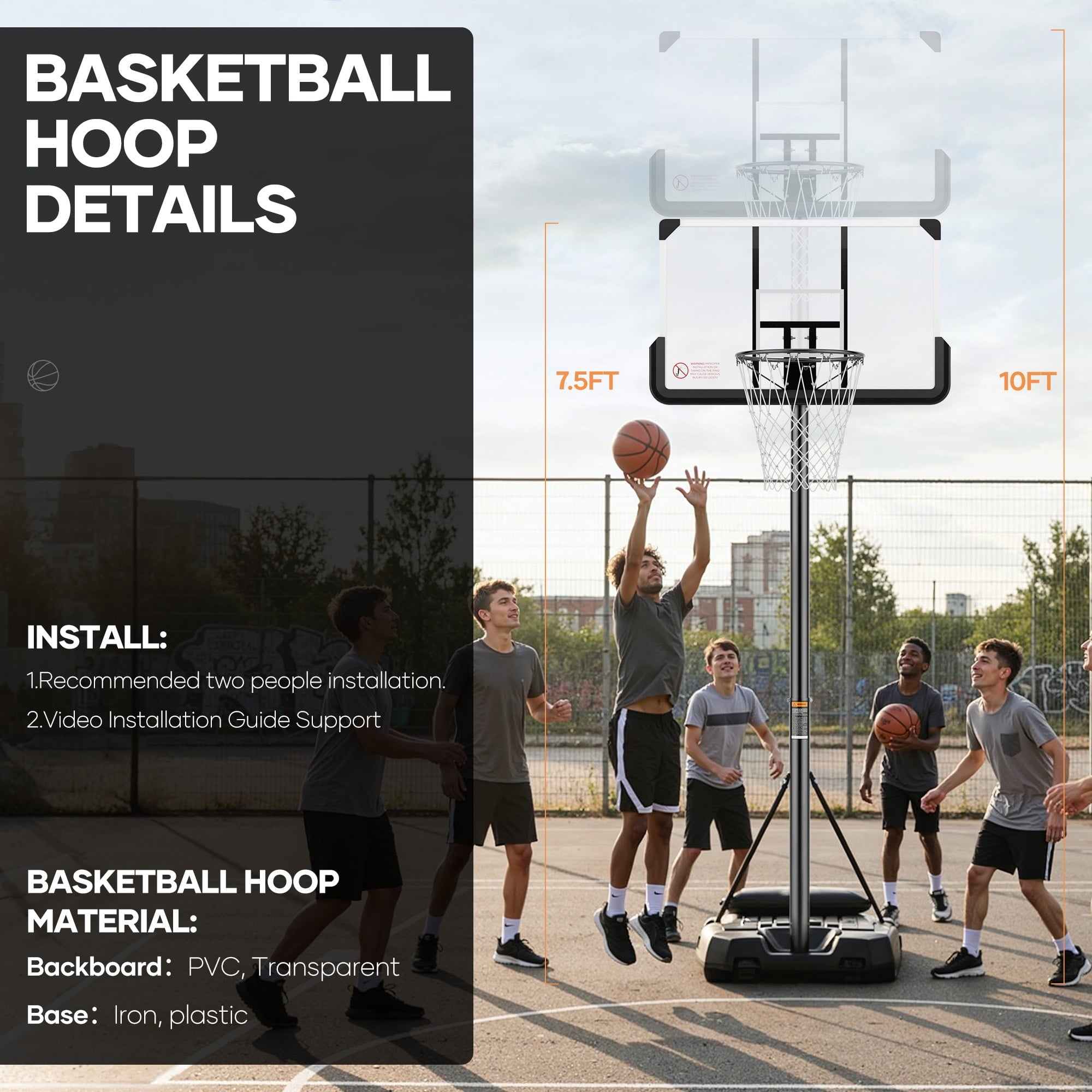 MaxKare 44In Basketball Hoop 7.5 ft to 10 ft Height Upgrade Large Base Portable Basketball Goal System with Quick Adjustment for Full Range of Players Indoor Outdoor Use