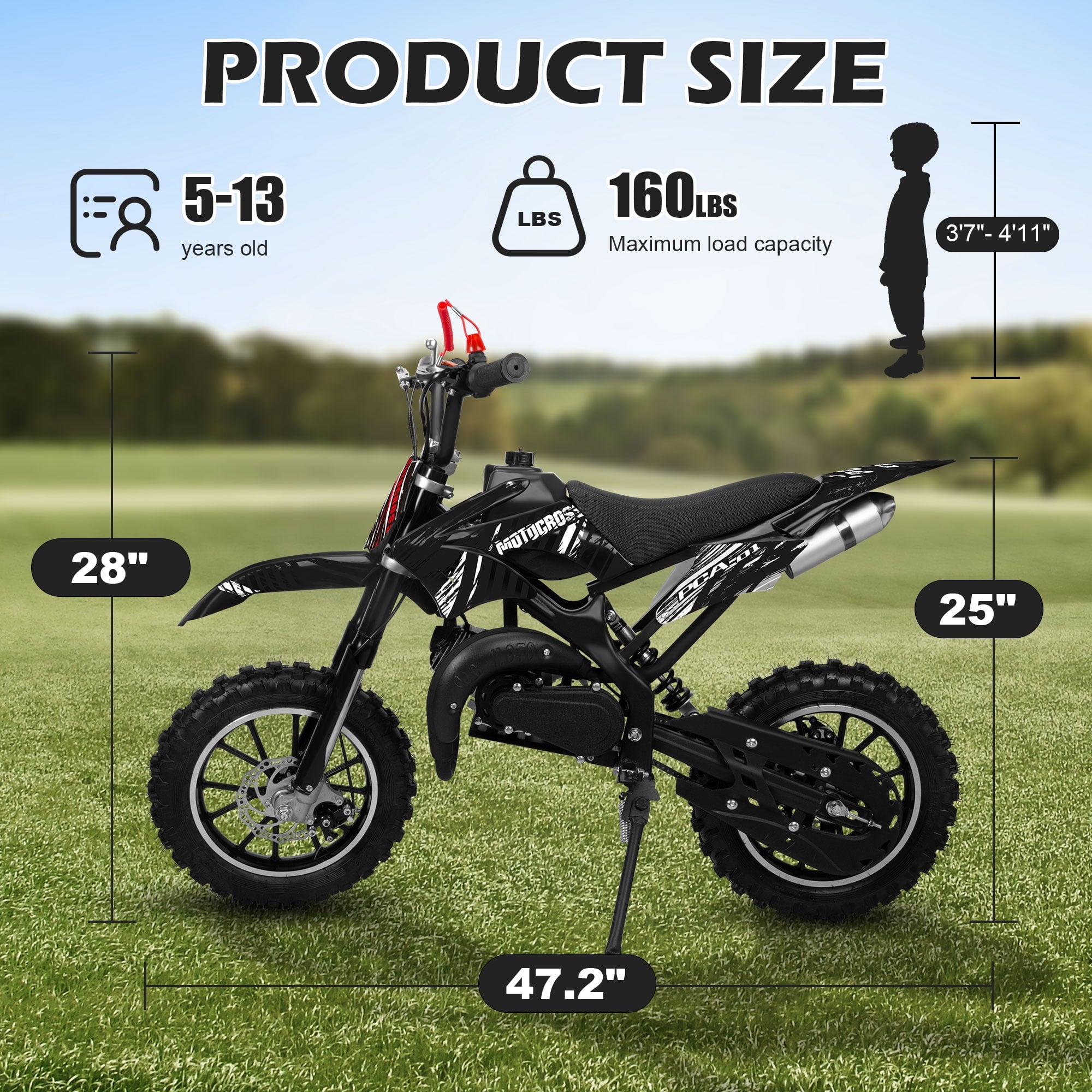 Gpower Gasoline 49cc Dirt Bike for Kids 6-15,2-Stroke Gas Power Mini Dirt Bike,1-Seater,Black