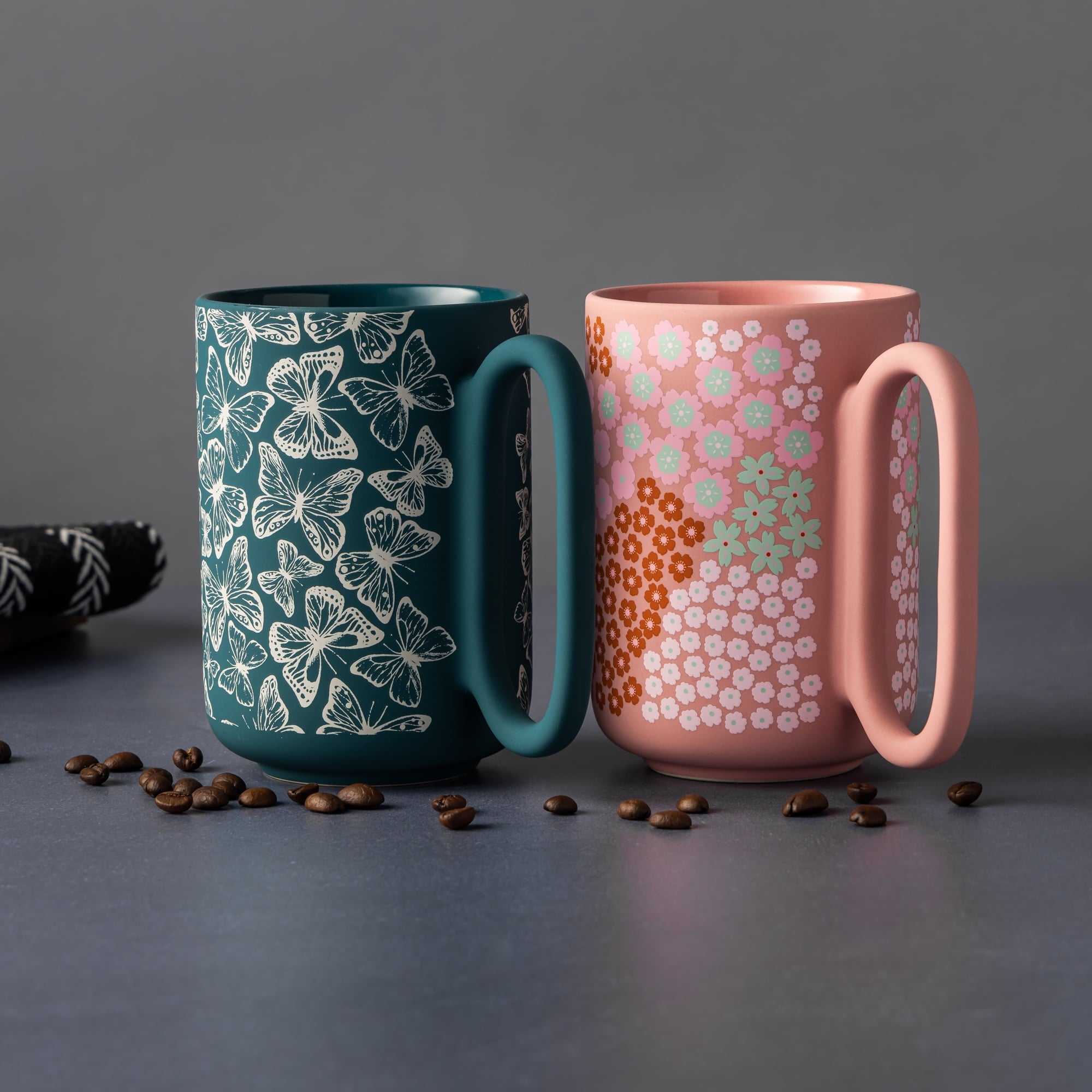 Thyme & Table 4 Pack Green Butterflies and Pink Flowers Mugs 19.6 fl oz, Soft Touch, Stoneware