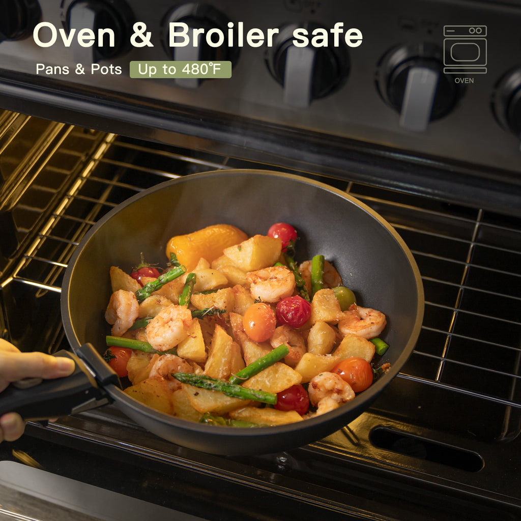 Astercook 20-Piece Pots and Pans Set, Nonstick Cookware Set with Detachable Handles, Oven & Dishwasher Safe, Induction Compatible, Stackable RV Kitchen Cooking Set, Black