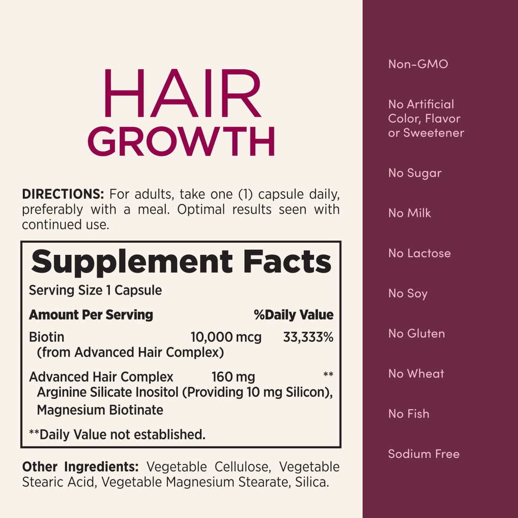 Nature’s Bounty® Optimal Solutions® Hair Growth Supplement for Women with Biotin Vitamin, Dietary Supplement, 30 Capsules