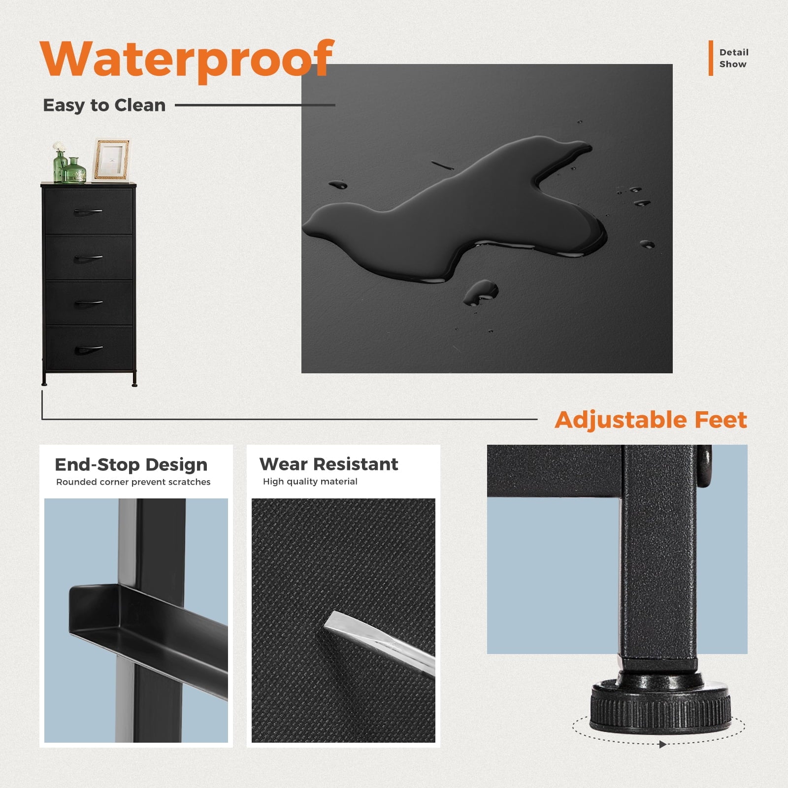 CONCETTA 4 Drawer Dresser, Wide Chest Drawers Nightstand Storage Tower Storage Fabric Dresser With Wood Top for Living Room, Bedroom, Closet, Black