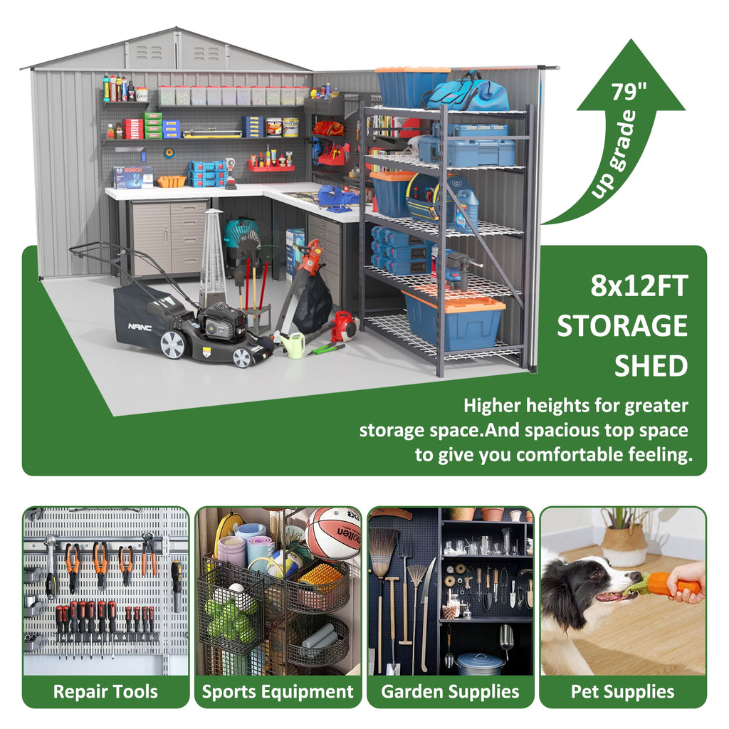 NETAJE 8'x12' Outdoor Metal Storage Shed with Upgraded Frame and Lockable Doors for Backyard, Garden, Lawn