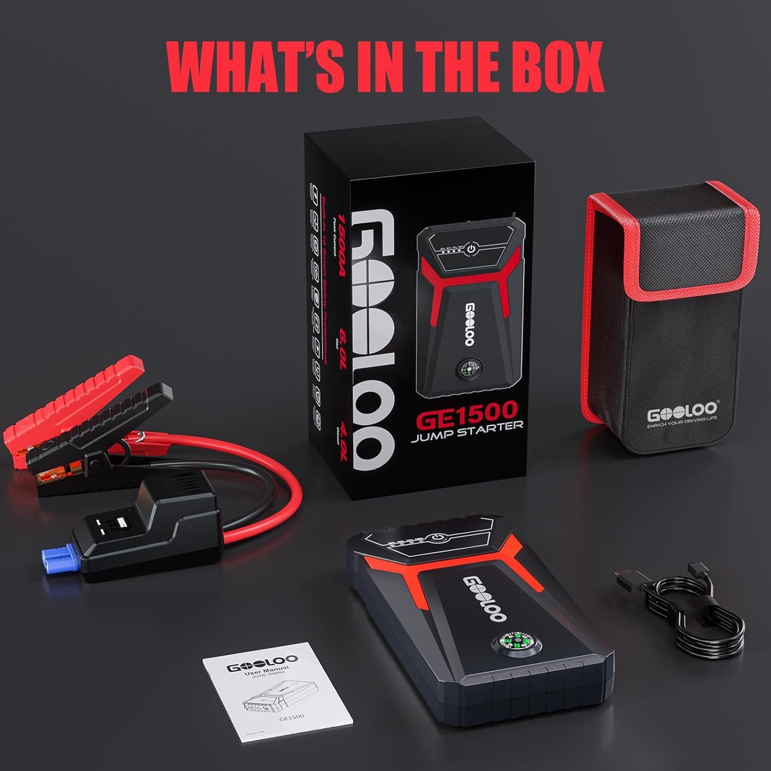 GOOLOO Car Jump Starter,1500A Peak  12V Battery Jump Box with Quick Charge Out(Up to 6.0L Gas and 4.0L Diesel Engines),GE1500 Portable Battery Booster Pack Power Bank Car Starter