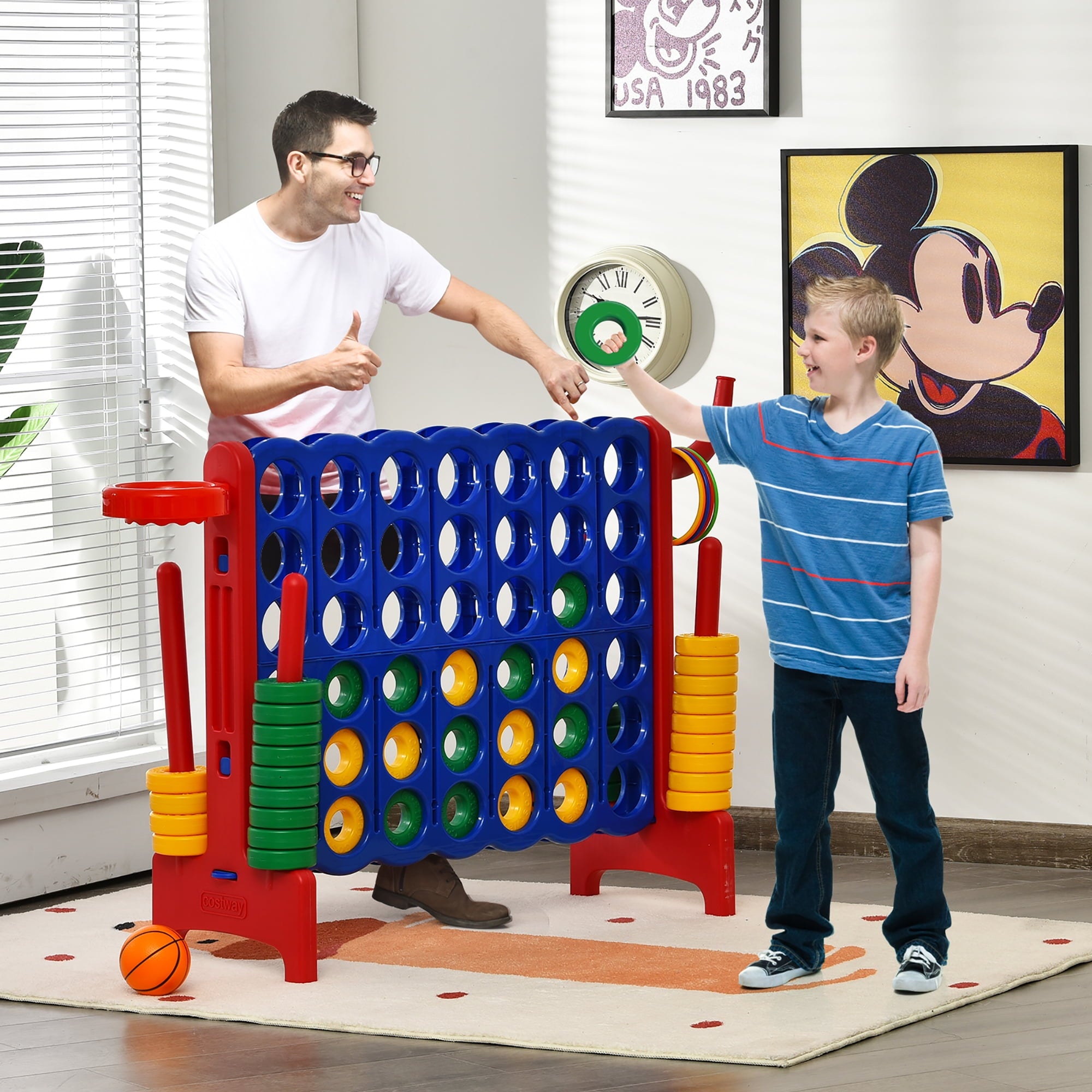 Costway 4-in-A Row Giant Game Set w/Basketball Hoop for Family Red