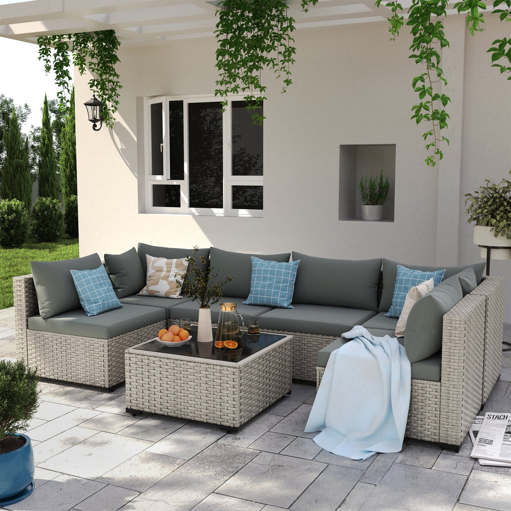 7 Pieces Patio Conversation Set, Outdoor Sectional PE Rattan Wicker Furniture Seat,Dark Gray