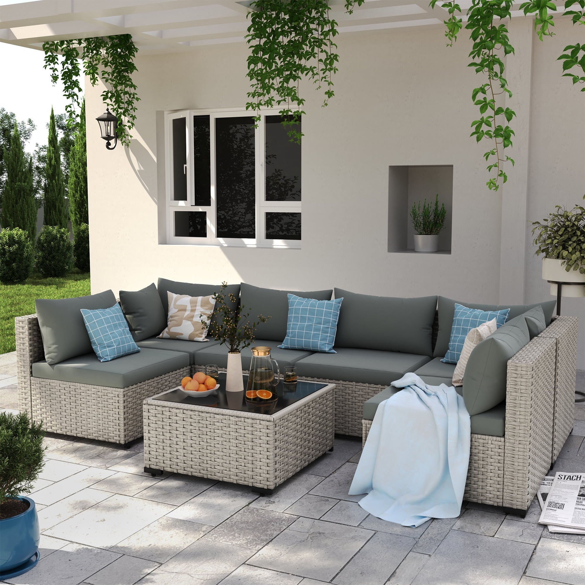 7 Pieces Patio Conversation Set, Outdoor Sectional PE Rattan Wicker Furniture Seat,Dark Gray