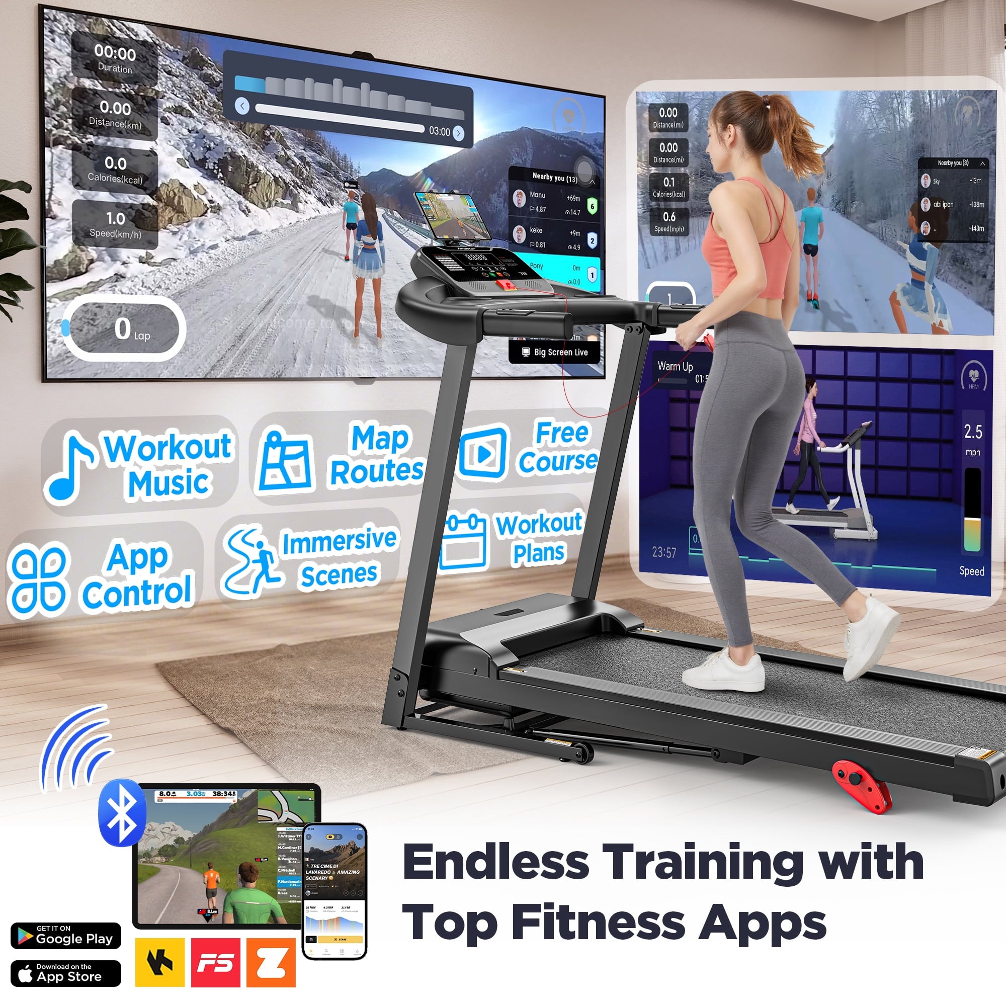 Treadmill for Home, Portable Folding Electric Exercise Treadmill with Adjustable Incline, APP Control, 64 Programs, 300 lb Capacity, 7.5MPH, Bluetooth Speakers, Running Walking Jogging, 12/23 Update