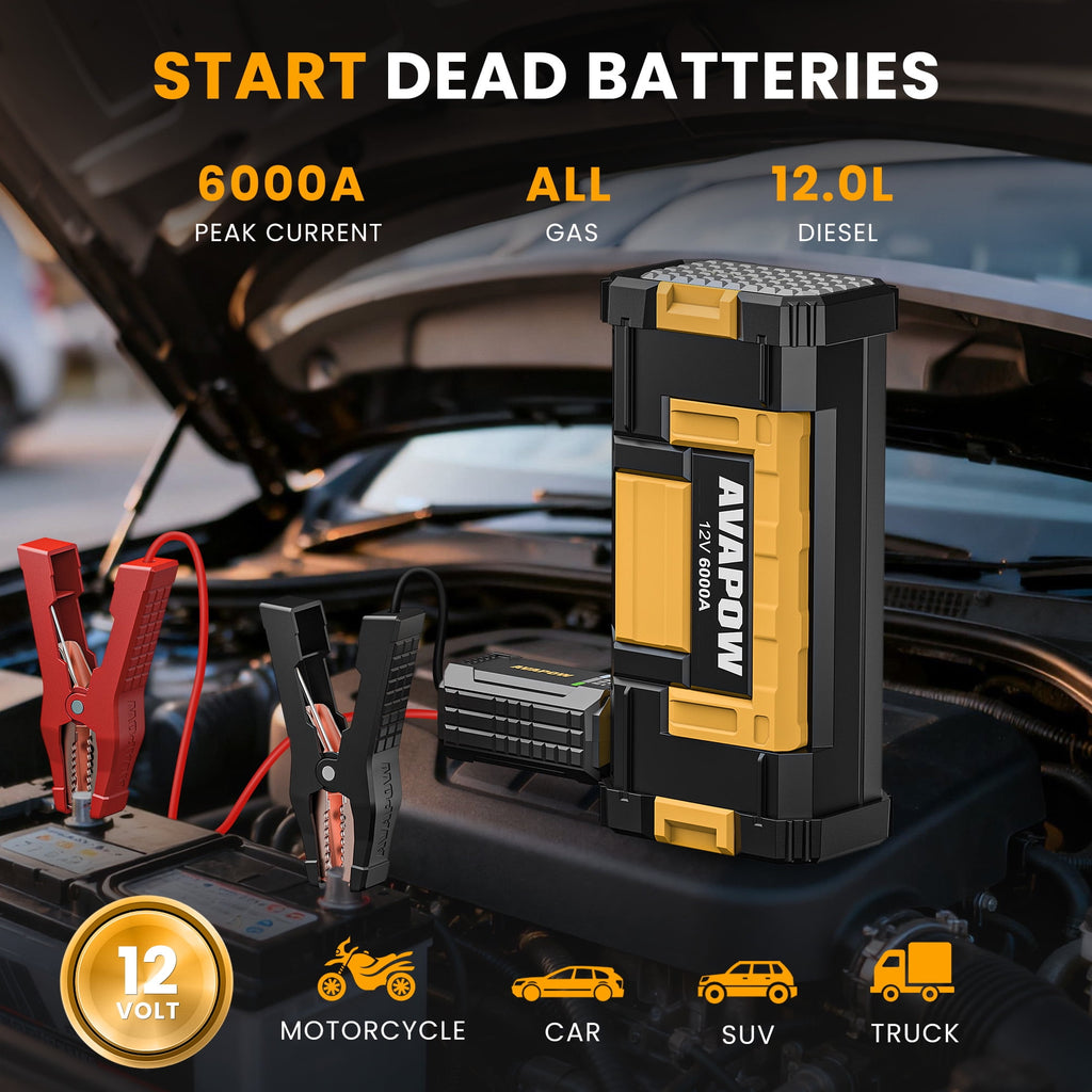 AVAPOW 6000A Car Battery Jump Starter, Portable Car Jump Starter with Dual USB Quick Charge and DC Output, 12V Jump Pack with Built-in LED Bright Light, Yellow