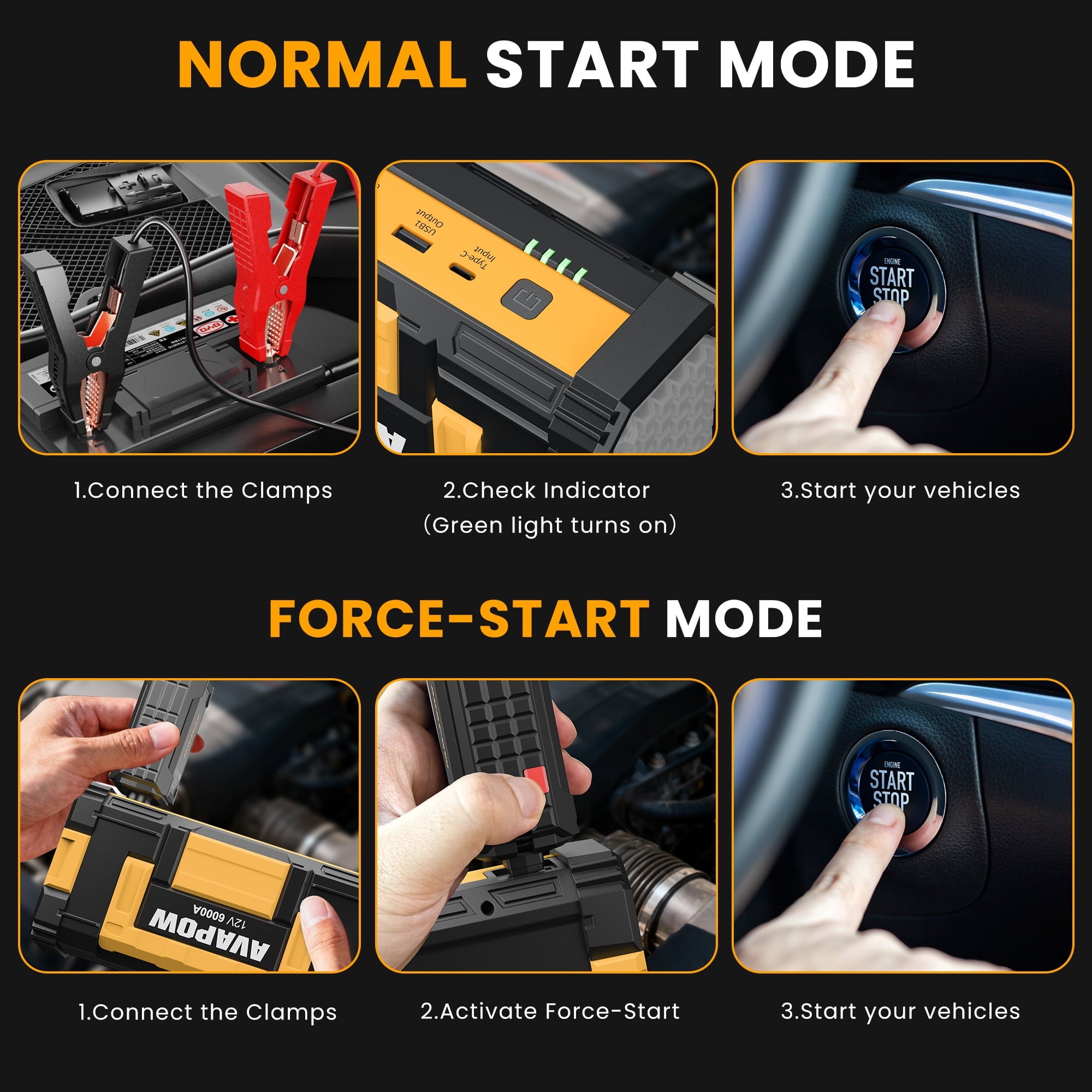 AVAPOW 6000A Car Battery Jump Starter, Portable Car Jump Starter with Dual USB Quick Charge and DC Output, 12V Jump Pack with Built-in LED Bright Light, Yellow