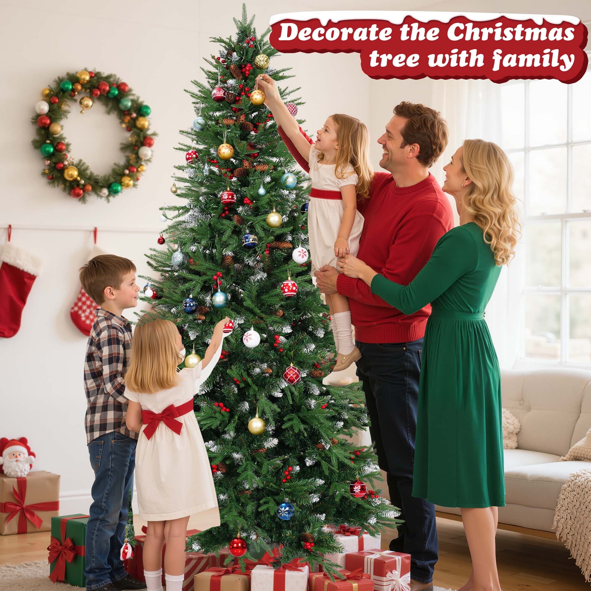 Yexmas 7.5ft Pre-Lit Artificial Christmas Trees,Green Xmas Tree with Large Christmas Tree Storage Bag,Pinecones, Berries, Realistic Artificial Christmas Trees for Home, Office, Party Decoration