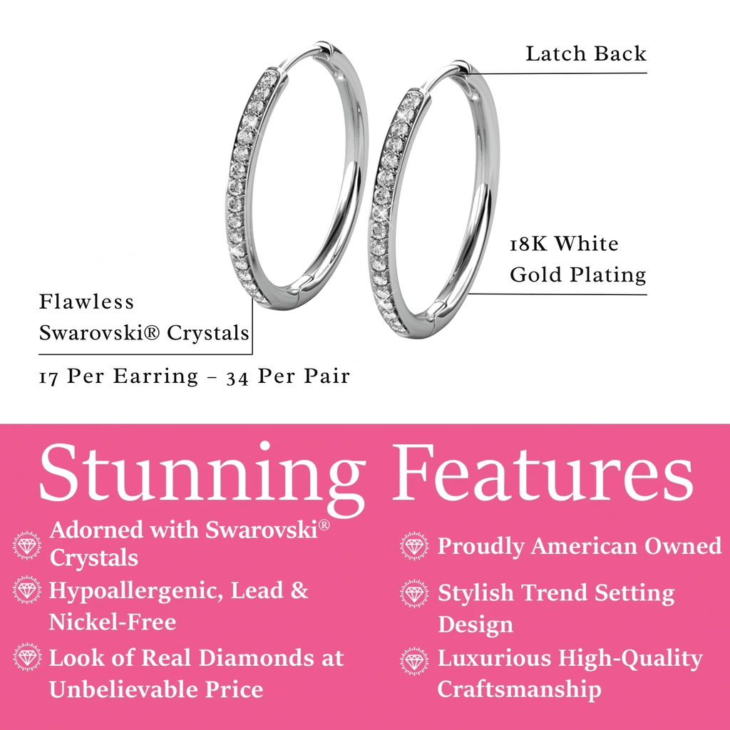 Cate & Chloe Bianca 18k White Gold Plated 25mm Hoop Earrings with Swarovski Crystals for Women