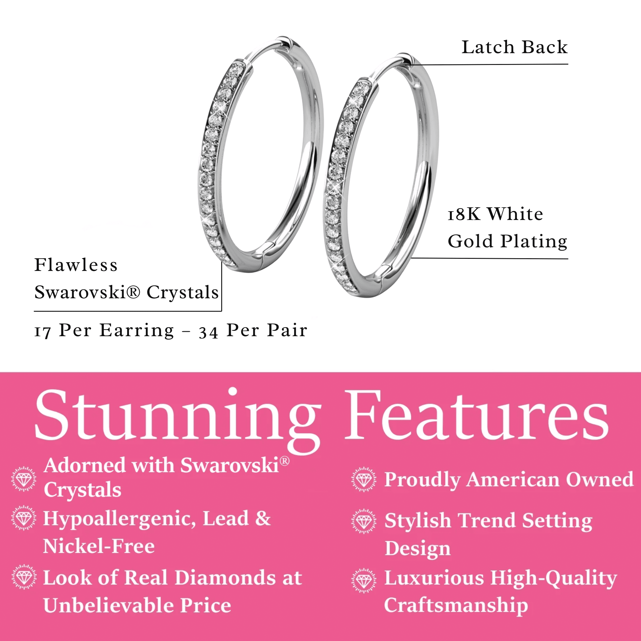 Cate & Chloe Bianca 18k White Gold Plated 25mm Hoop Earrings with Swarovski Crystals for Women