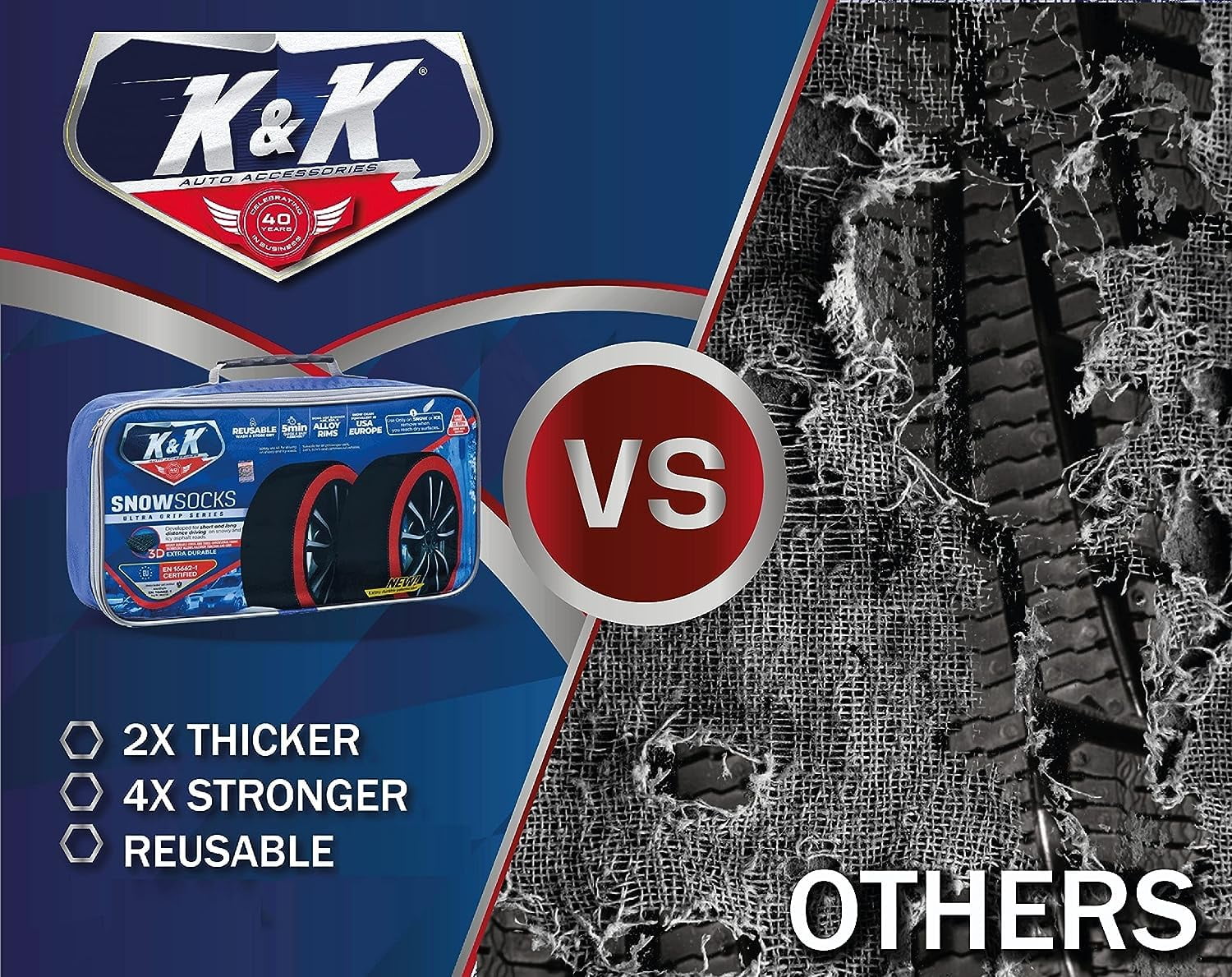 K&K Automotive Snow Socks for Tires Pro Series for Truck SUV Van Car, Winter Emergency Kit