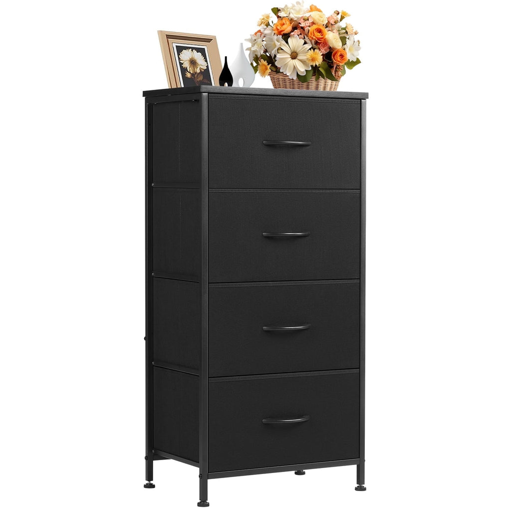 CONCETTA 4 Drawer Dresser, Wide Chest Drawers Nightstand Storage Tower Storage Fabric Dresser With Wood Top for Living Room, Bedroom, Closet, Black