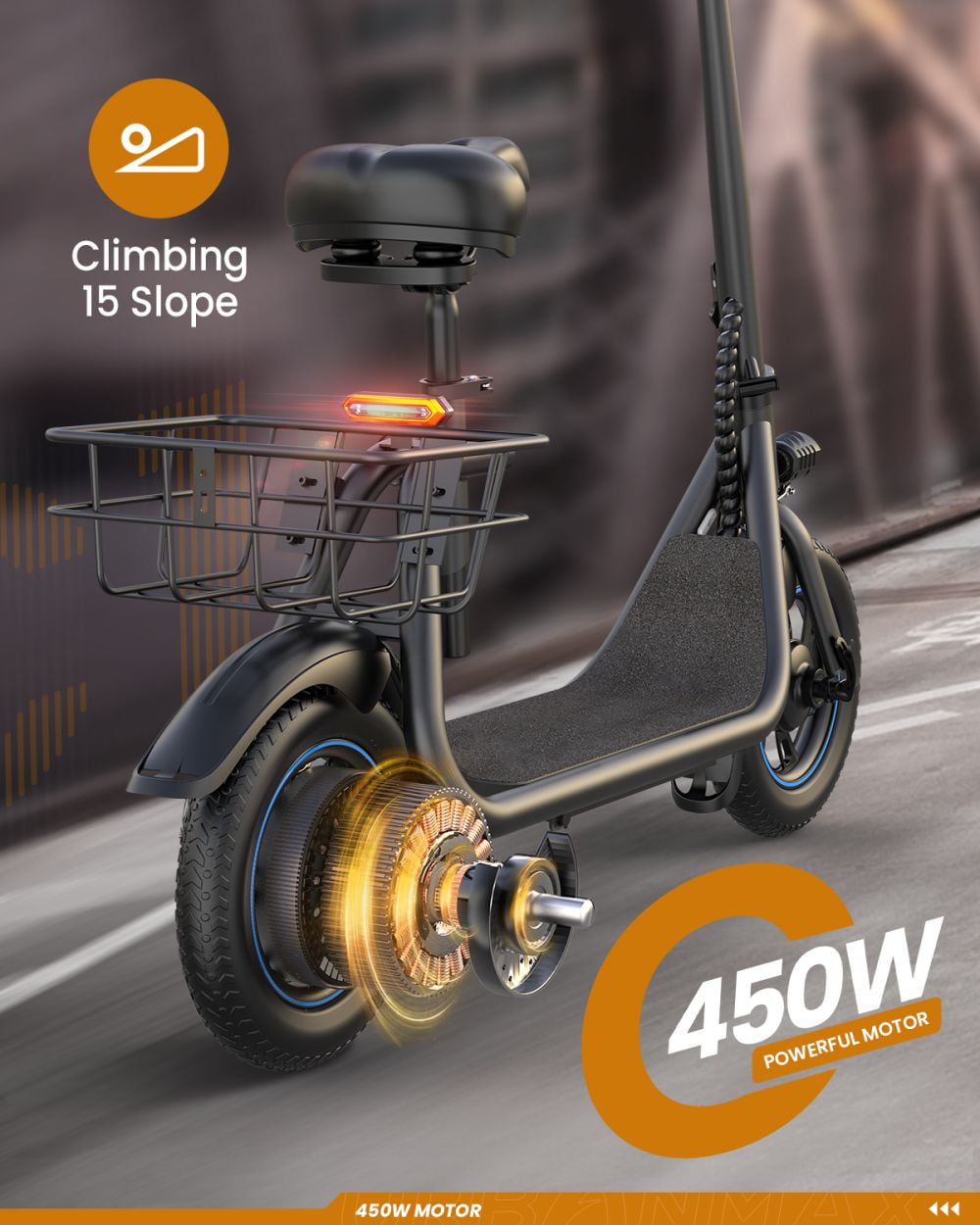 MIHOVER 450W Electric Scooter with Seat, Commuter Electric Scooter for Adult with Basket & Free Phone Holder & Steel Cable Lock & Inner Tube- up to 21 Miles 15.5MPH-Black