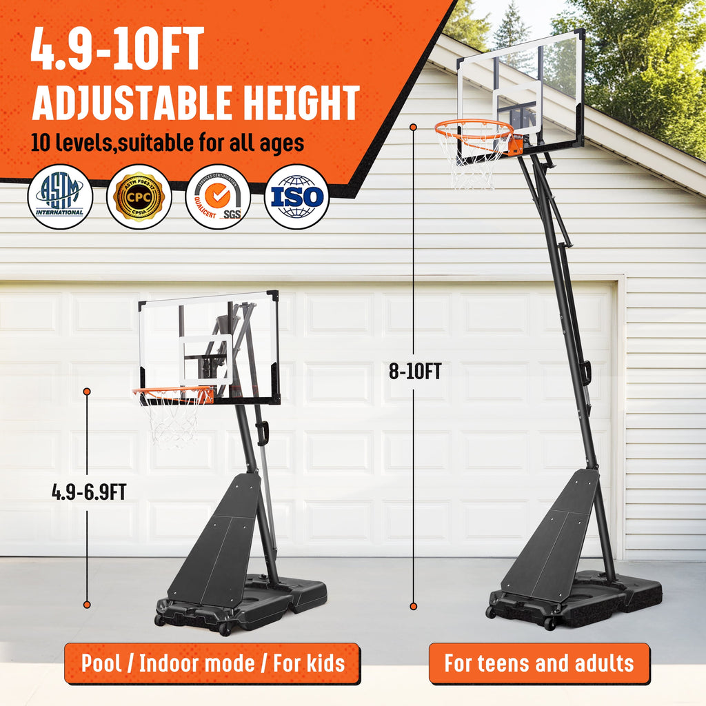 SERAY Basketball Hoop with 4.9-10 feet Height Adjustable for Kids/Adults, Portable Basketball Goal with 44 inch Backboard and 2 Wheels for Outdoor/Indoor Sports