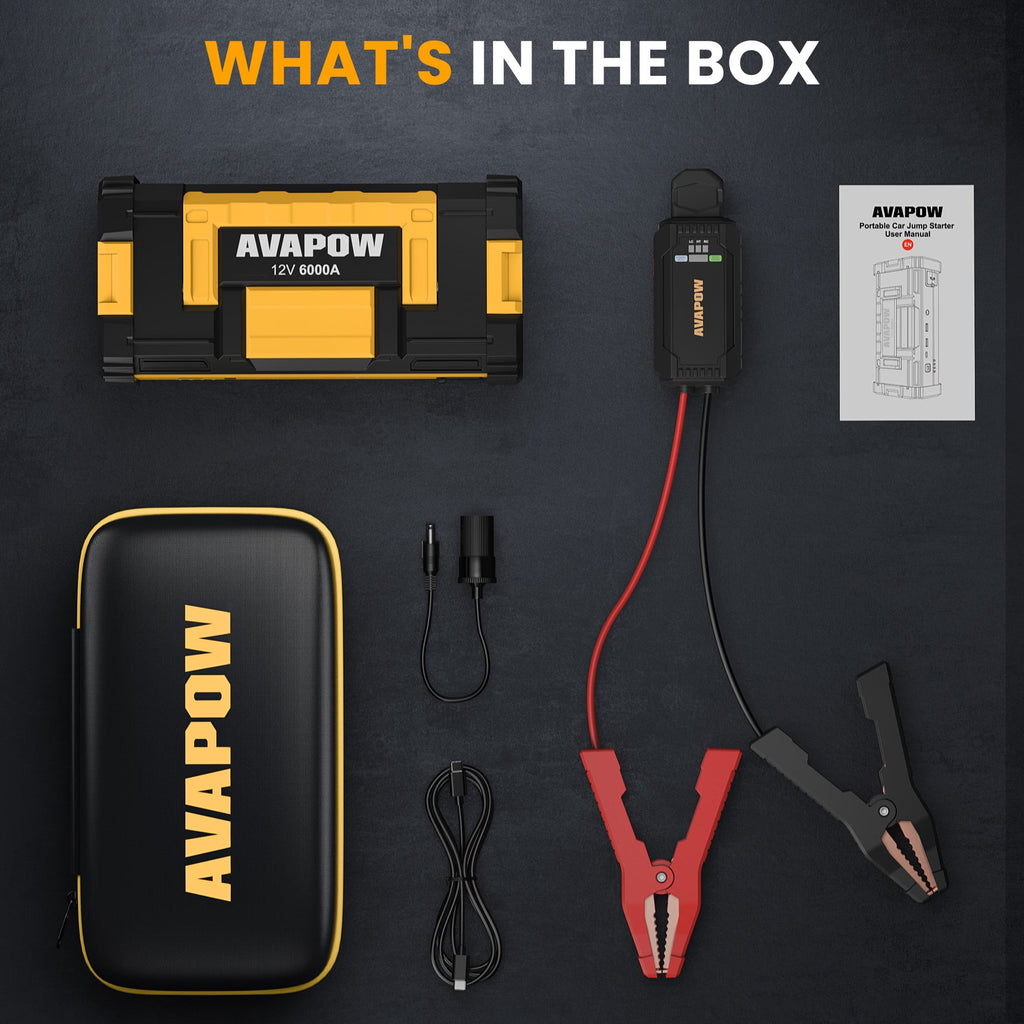 AVAPOW 6000A Car Battery Jump Starter, Portable Car Jump Starter with Dual USB Quick Charge and DC Output, 12V Jump Pack with Built-in LED Bright Light, Yellow