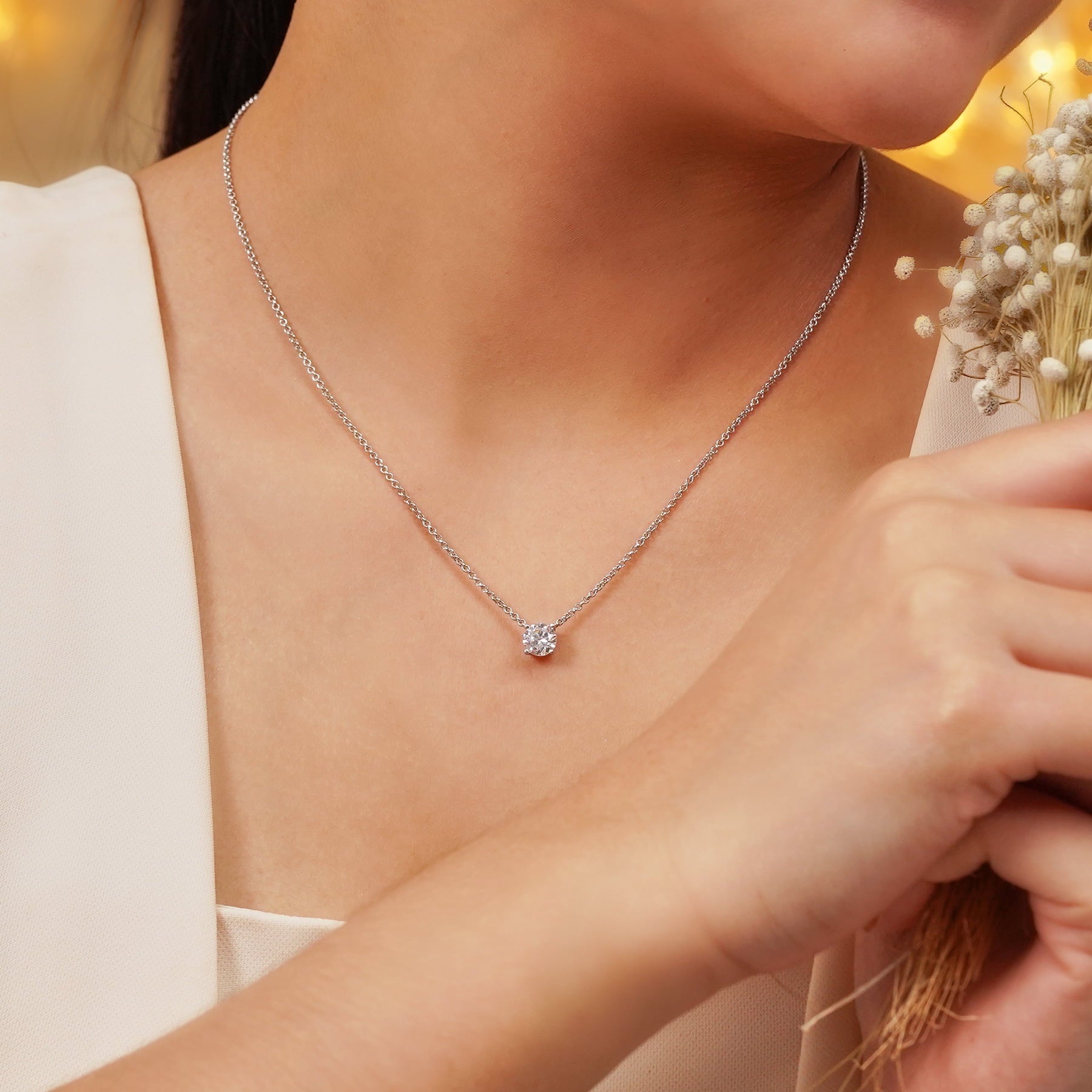 JeenMata 1 Carat Moissanite - April Birthstone Solitaire Pendant Necklace in 18K White Gold over Silver, Female, Adult