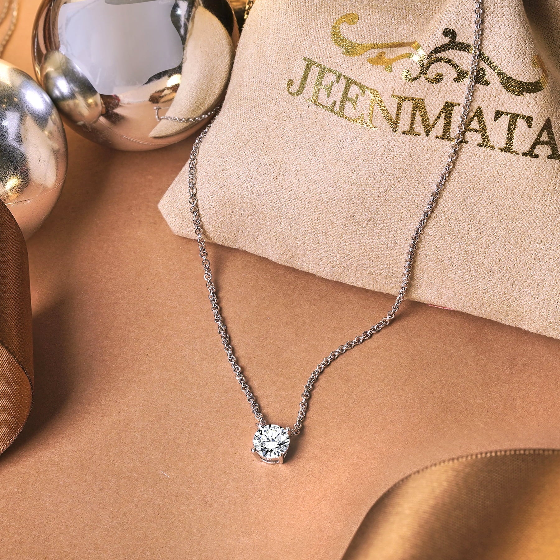 JeenMata 1 Carat Moissanite - April Birthstone Solitaire Pendant Necklace in 18K White Gold over Silver, Female, Adult