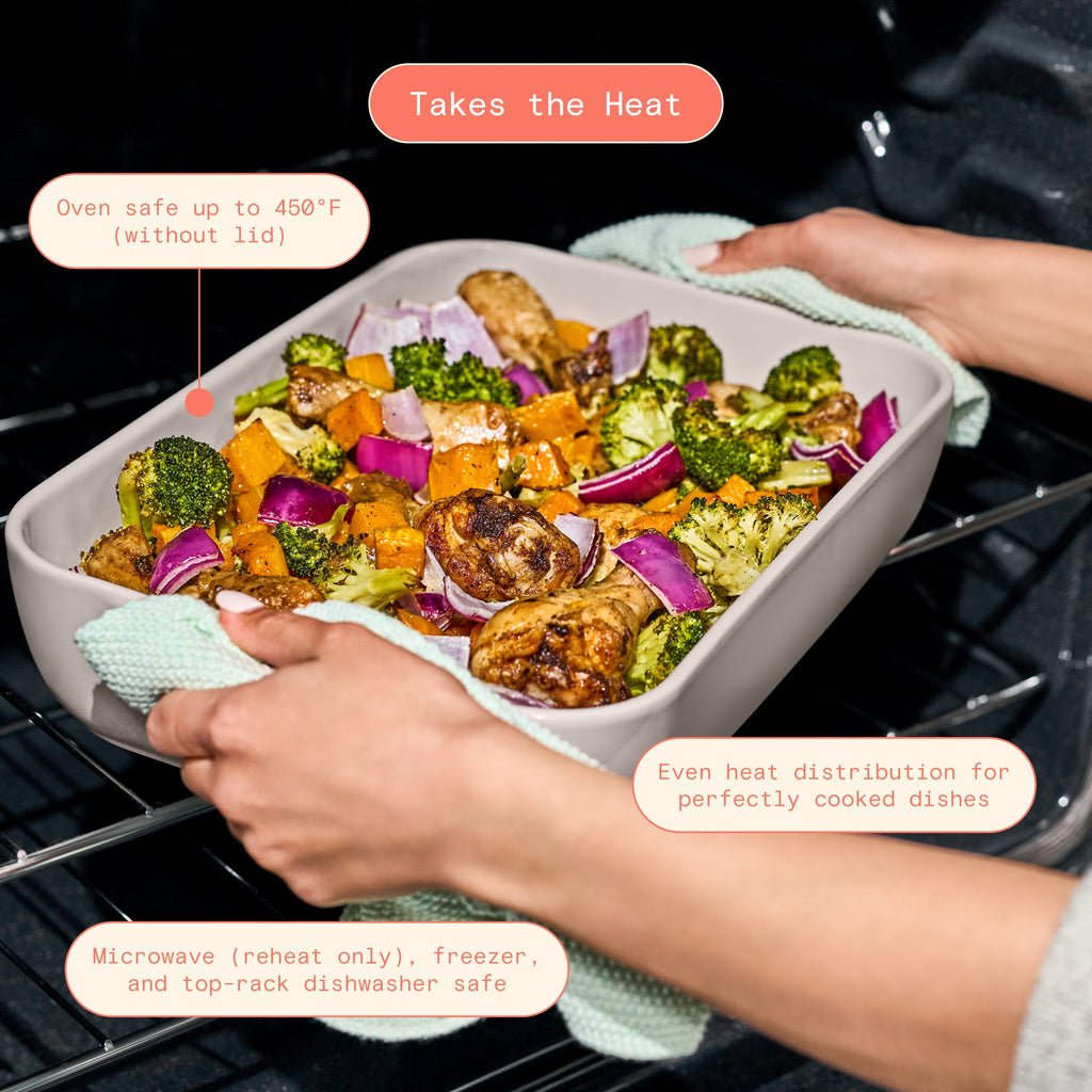 Beautiful 9”x 13” Stoneware Baker with Plastic Lid, Porcini Taupe by Drew Barrymore