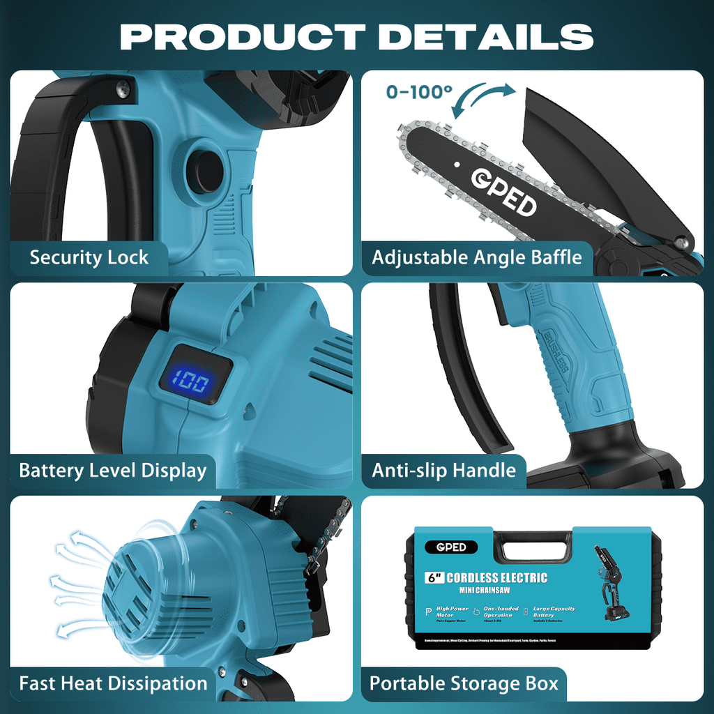 GPED Mini Chainsaw, 6 inch Portable Electric Chainsaw Cordless, Handheld Chain Saw Pruning Shears Chainsaw for Tree Branches, Courtyard, Household and Garden, Blue