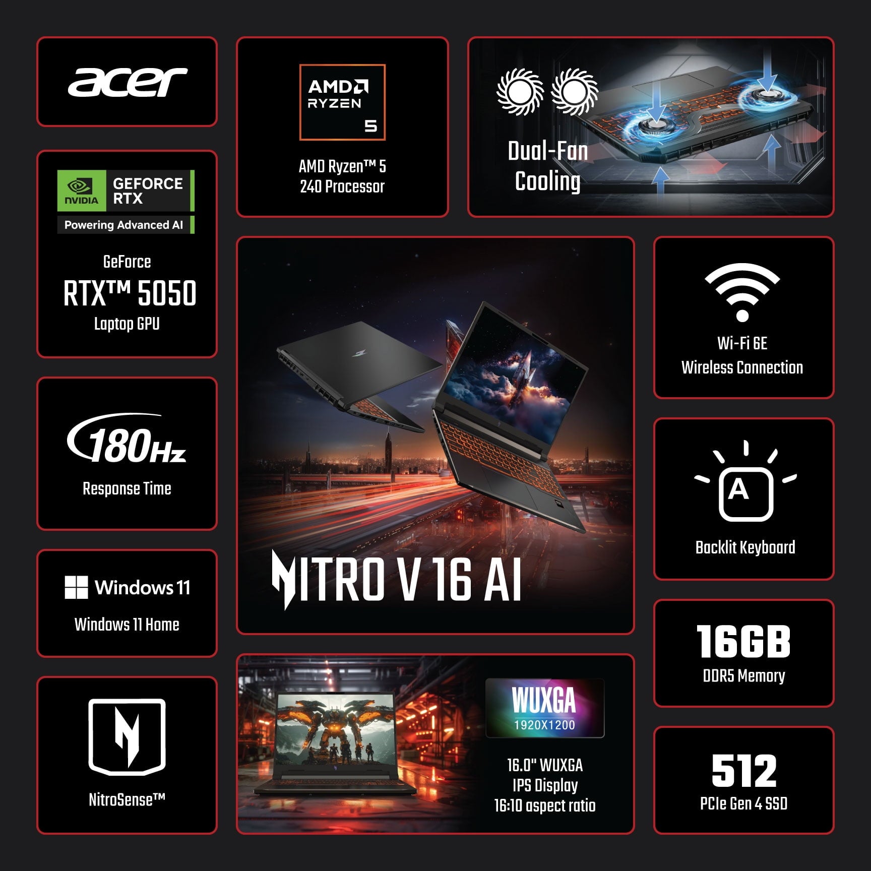 Acer Nitro V 16 AI WUXGA (1920 x 1200) IPS 180Hz Gaming Laptop AI PC, AMD Ryzen 5 240 Processor, NVIDIA® GeForce RTX™ 5050 8GB GDDR7 VRAM, 16GB RAM, 512GB SSD, Obsidian Black