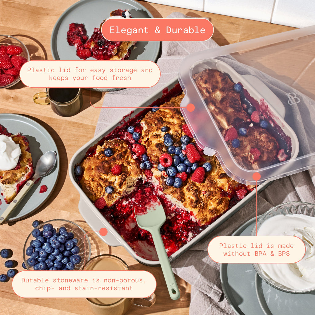 Beautiful 9”x 13” Stoneware Baker with Plastic Lid, Porcini Taupe by Drew Barrymore