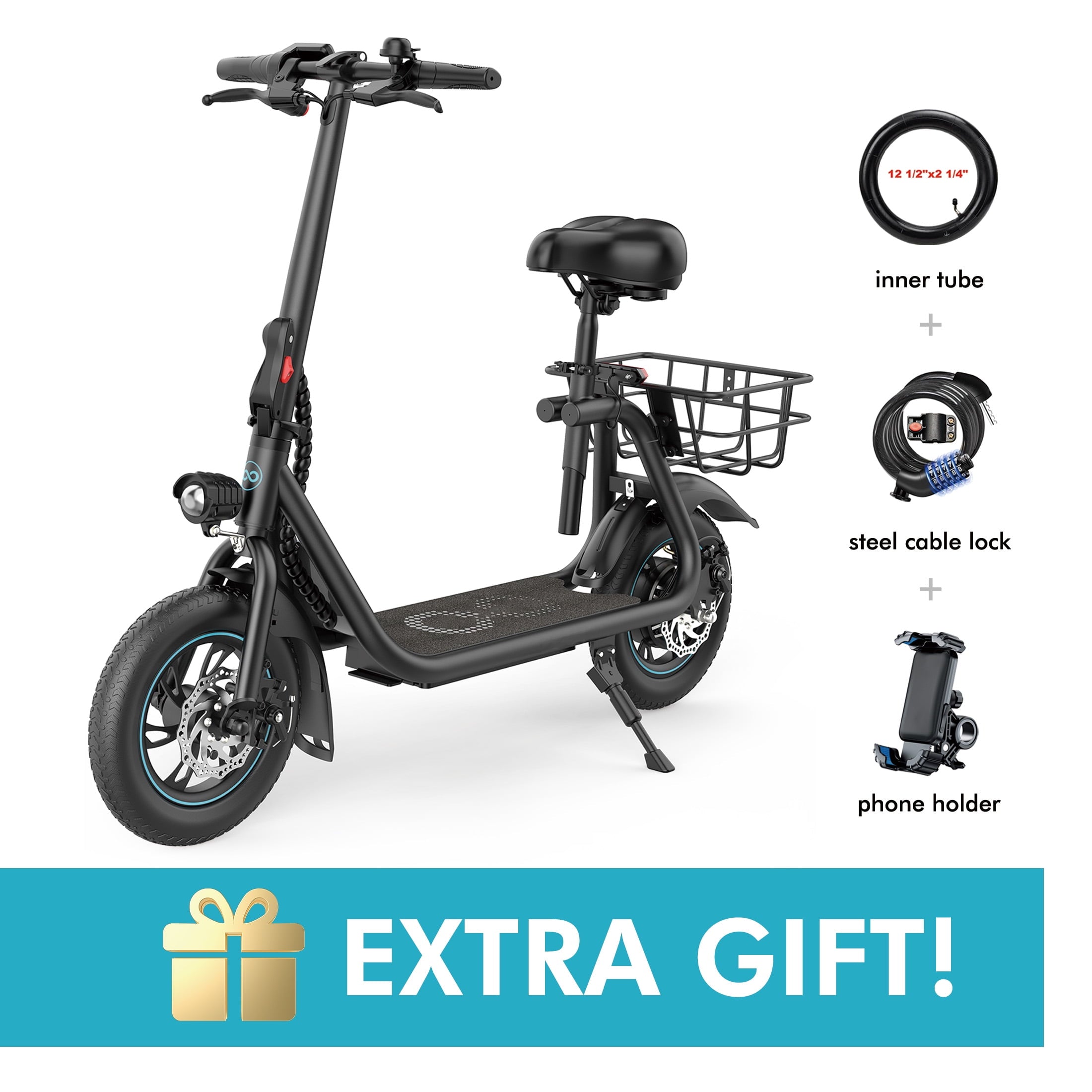 MIHOVER 450W Electric Scooter with Seat, Commuter Electric Scooter for Adult with Basket & Free Phone Holder & Steel Cable Lock & Inner Tube- up to 21 Miles 15.5MPH-Black