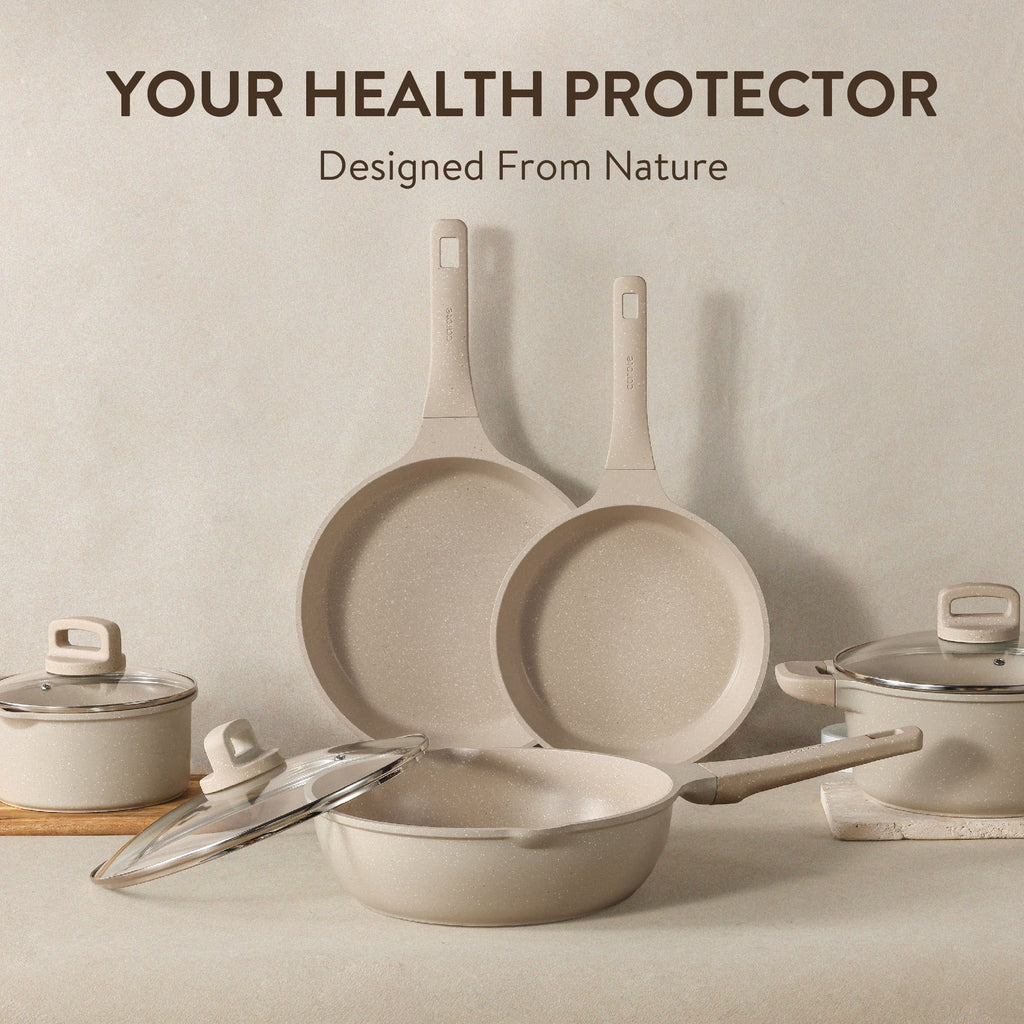 Carote Nonstick Cookware Set 7-Piece,Kitchen Pots and Pans Set,Stay-Cool Handles,Induction Compatible,Cookware Set for RV and Camping,Taupe