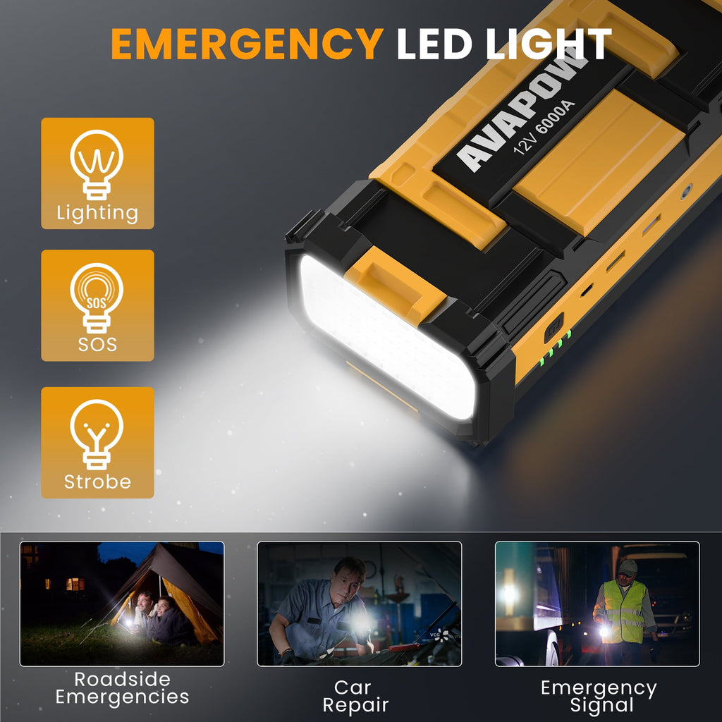 AVAPOW 6000A Car Battery Jump Starter, Portable Car Jump Starter with Dual USB Quick Charge and DC Output, 12V Jump Pack with Built-in LED Bright Light, Yellow