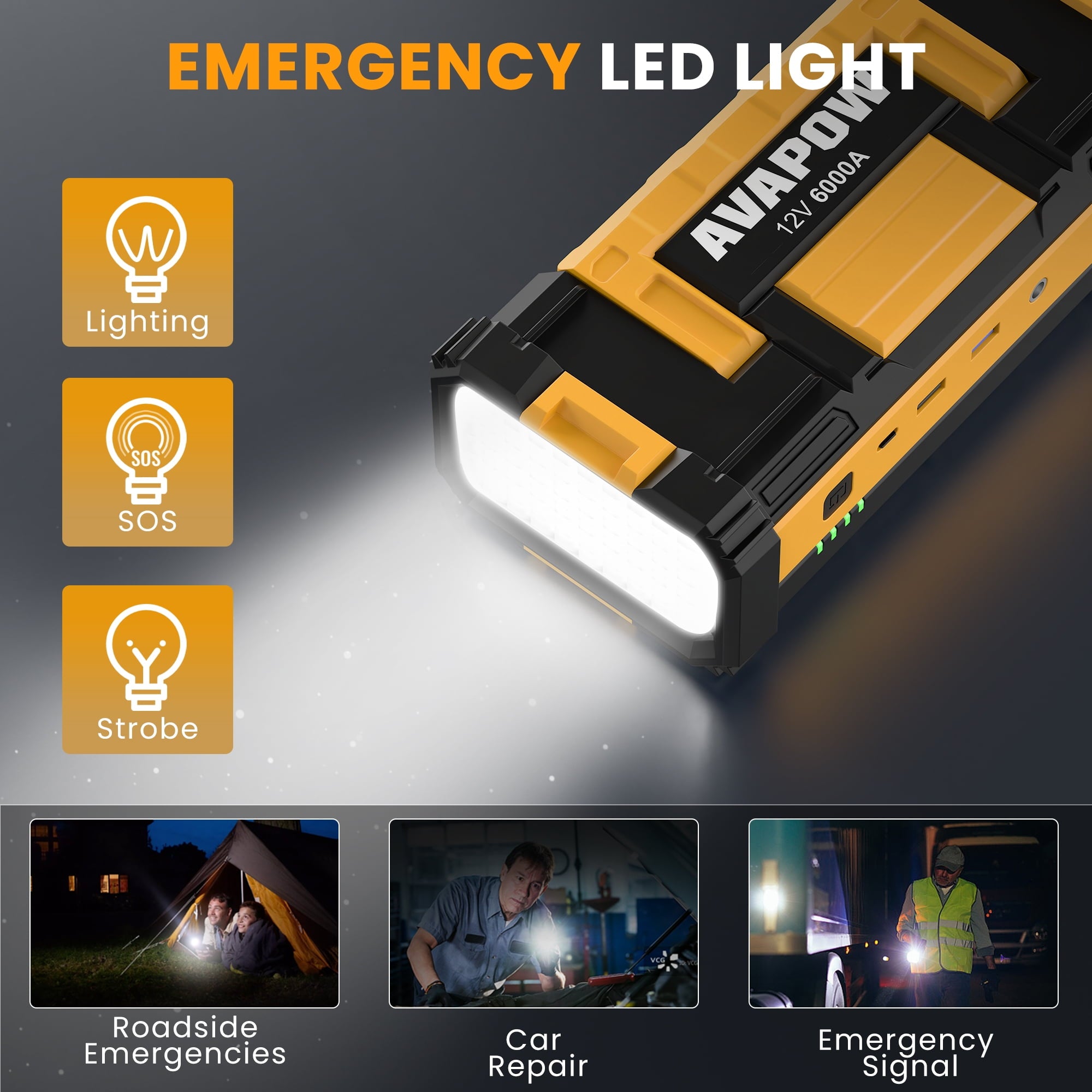 AVAPOW 6000A Car Battery Jump Starter, Portable Car Jump Starter with Dual USB Quick Charge and DC Output, 12V Jump Pack with Built-in LED Bright Light, Yellow