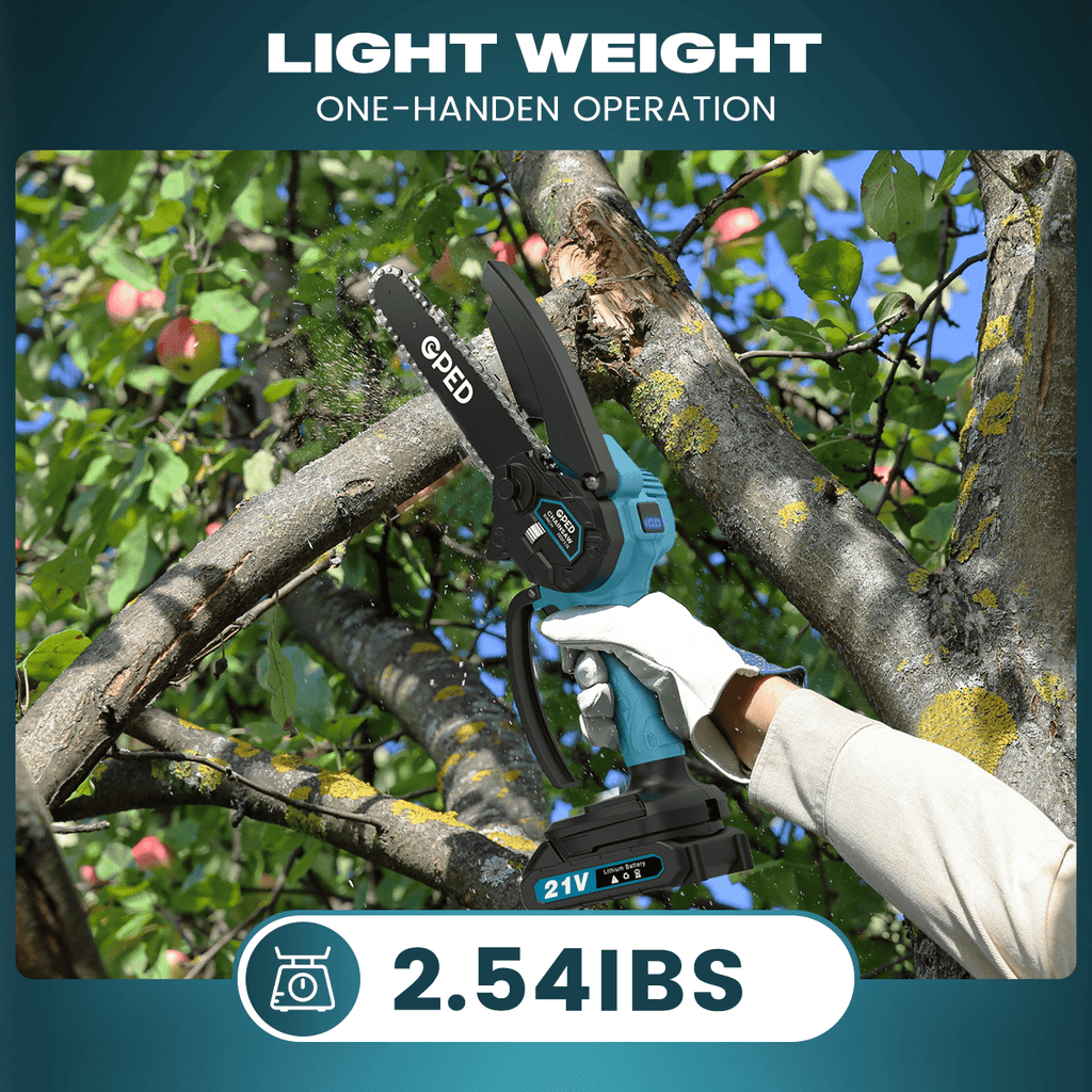 GPED Mini Chainsaw, 6 inch Portable Electric Chainsaw Cordless, Handheld Chain Saw Pruning Shears Chainsaw for Tree Branches, Courtyard, Household and Garden, Blue