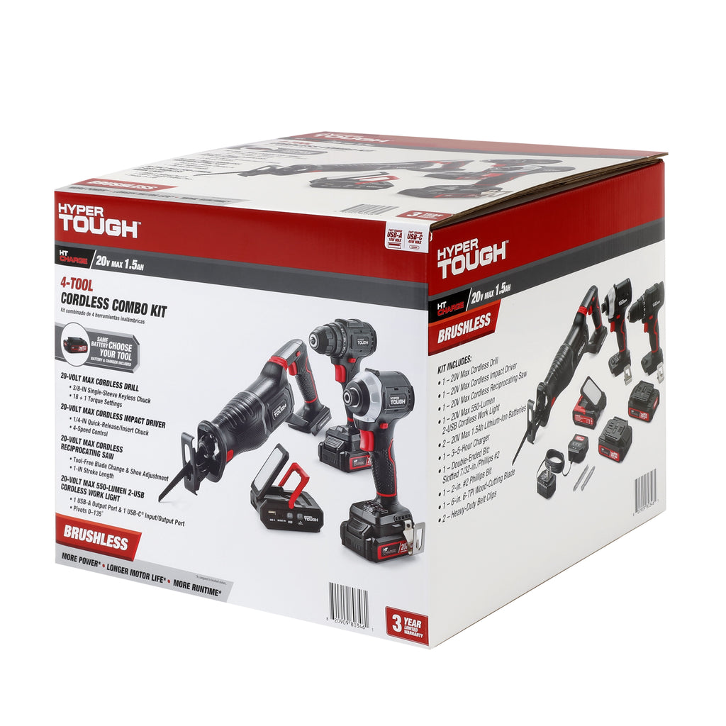 Hyper Tough 20V Brushless 4-Tool Combo Kit