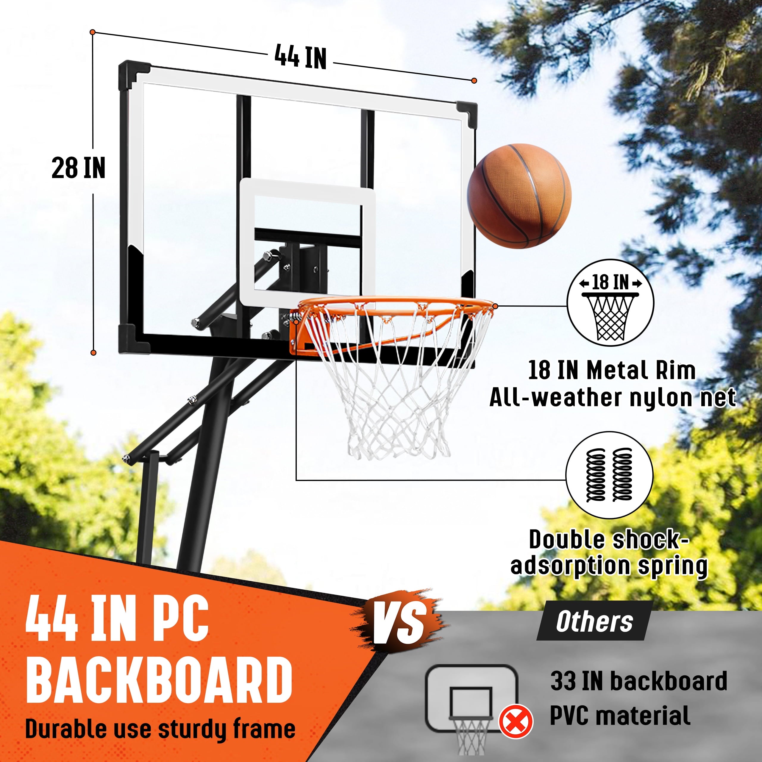 SERAY Basketball Hoop with 4.9-10 feet Height Adjustable for Kids/Adults, Portable Basketball Goal with 44 inch Backboard and 2 Wheels for Outdoor/Indoor Sports