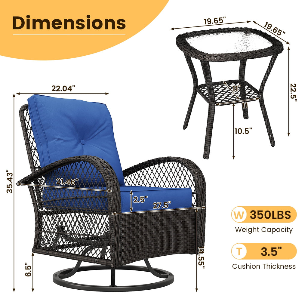 ELPOSUN 3 Pieces Patio Furniture Set, Outdoor Swivel Gliders Rocker, Wicker Patio Bistro Set with Rattan Rocking Chair, Glass Top Side Table and Thickened Cushions for Porch Deck Backyard