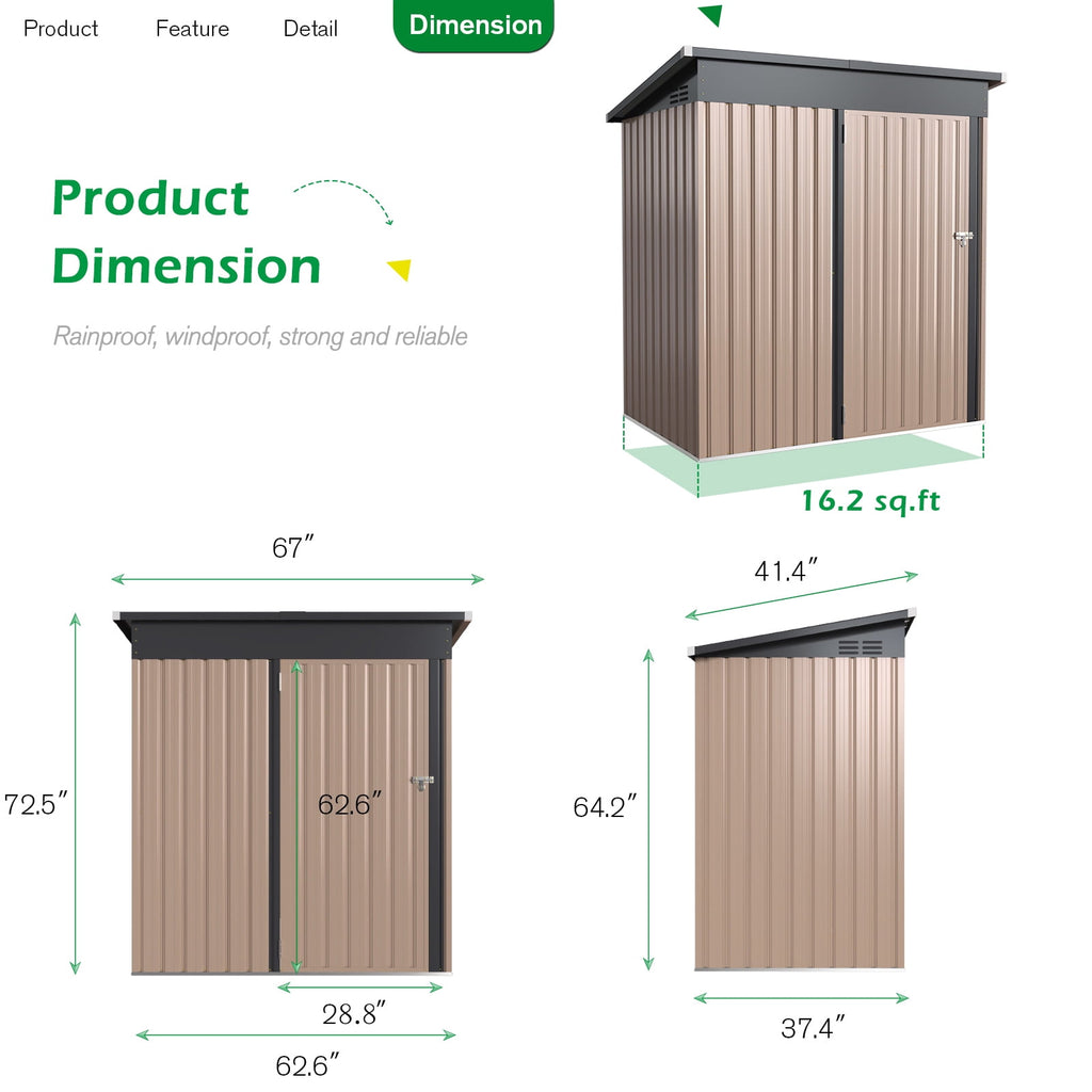 YODOLLA 5 x 3 ft. Outdoor Metal Steel Storage Shed with Sliding Roof & Lockable Door for Backyard, Garden