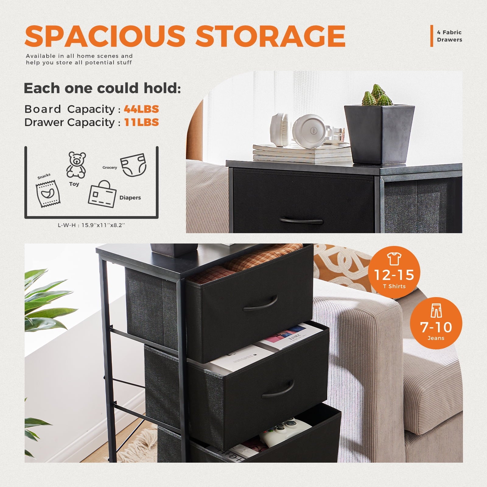 CONCETTA 4 Drawer Dresser, Wide Chest Drawers Nightstand Storage Tower Storage Fabric Dresser With Wood Top for Living Room, Bedroom, Closet, Black