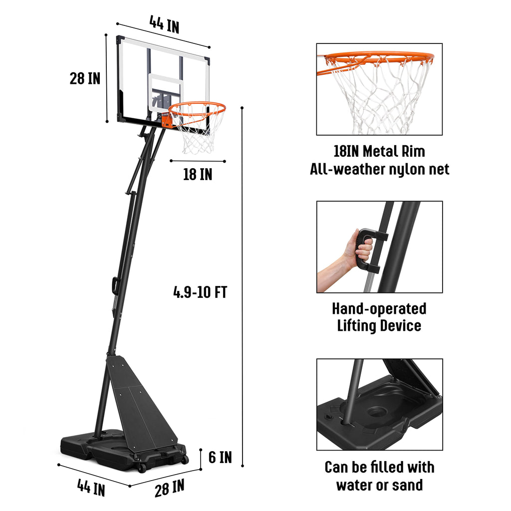 SERAY Basketball Hoop with 4.9-10 feet Height Adjustable for Kids/Adults, Portable Basketball Goal with 44 inch Backboard and 2 Wheels for Outdoor/Indoor Sports