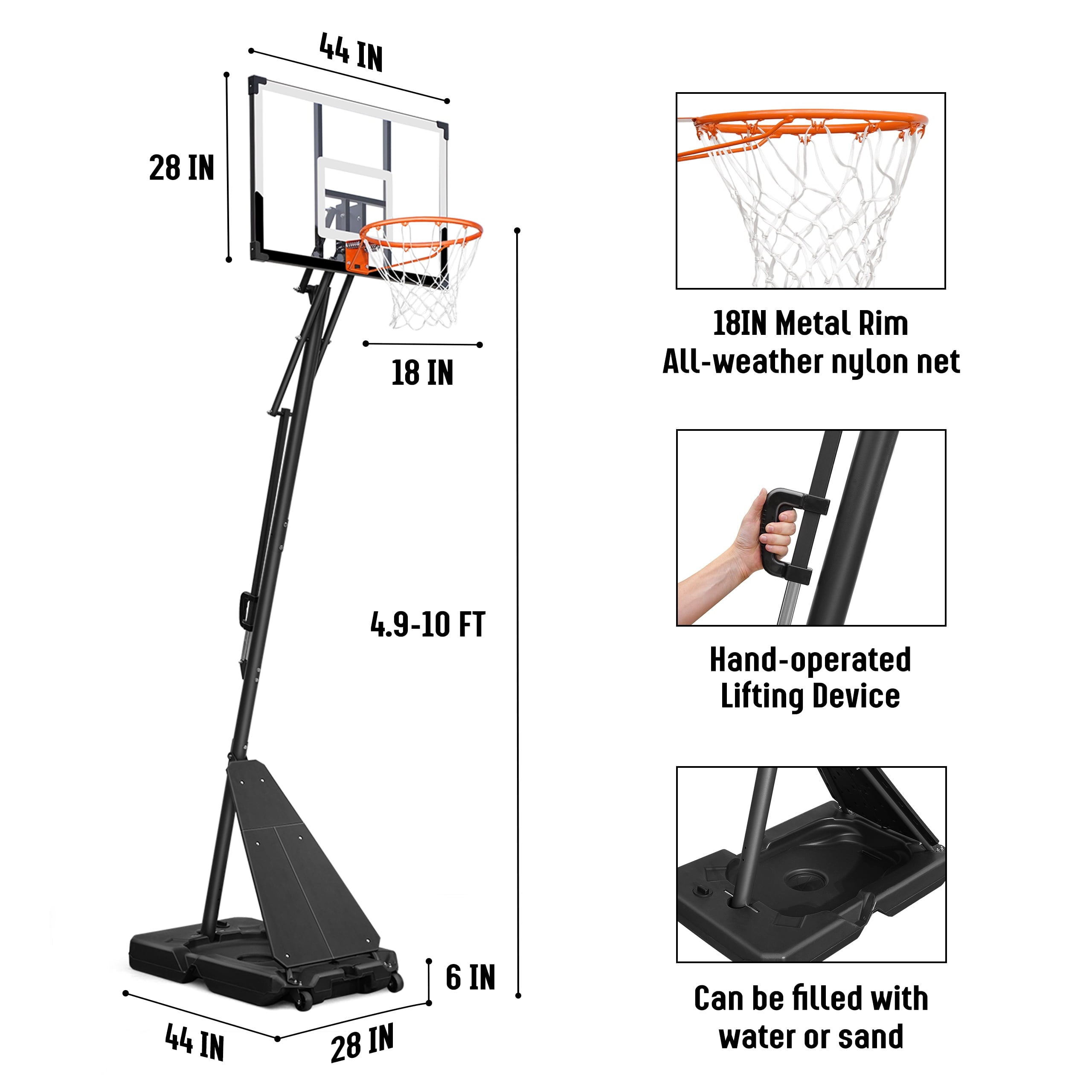 SERAY Basketball Hoop with 4.9-10 feet Height Adjustable for Kids/Adults, Portable Basketball Goal with 44 inch Backboard and 2 Wheels for Outdoor/Indoor Sports