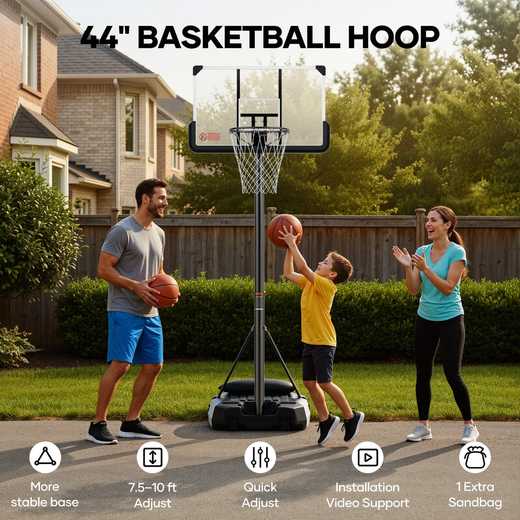 MaxKare 44In Basketball Hoop 7.5 ft to 10 ft Height Upgrade Large Base Portable Basketball Goal System with Quick Adjustment for Full Range of Players Indoor Outdoor Use