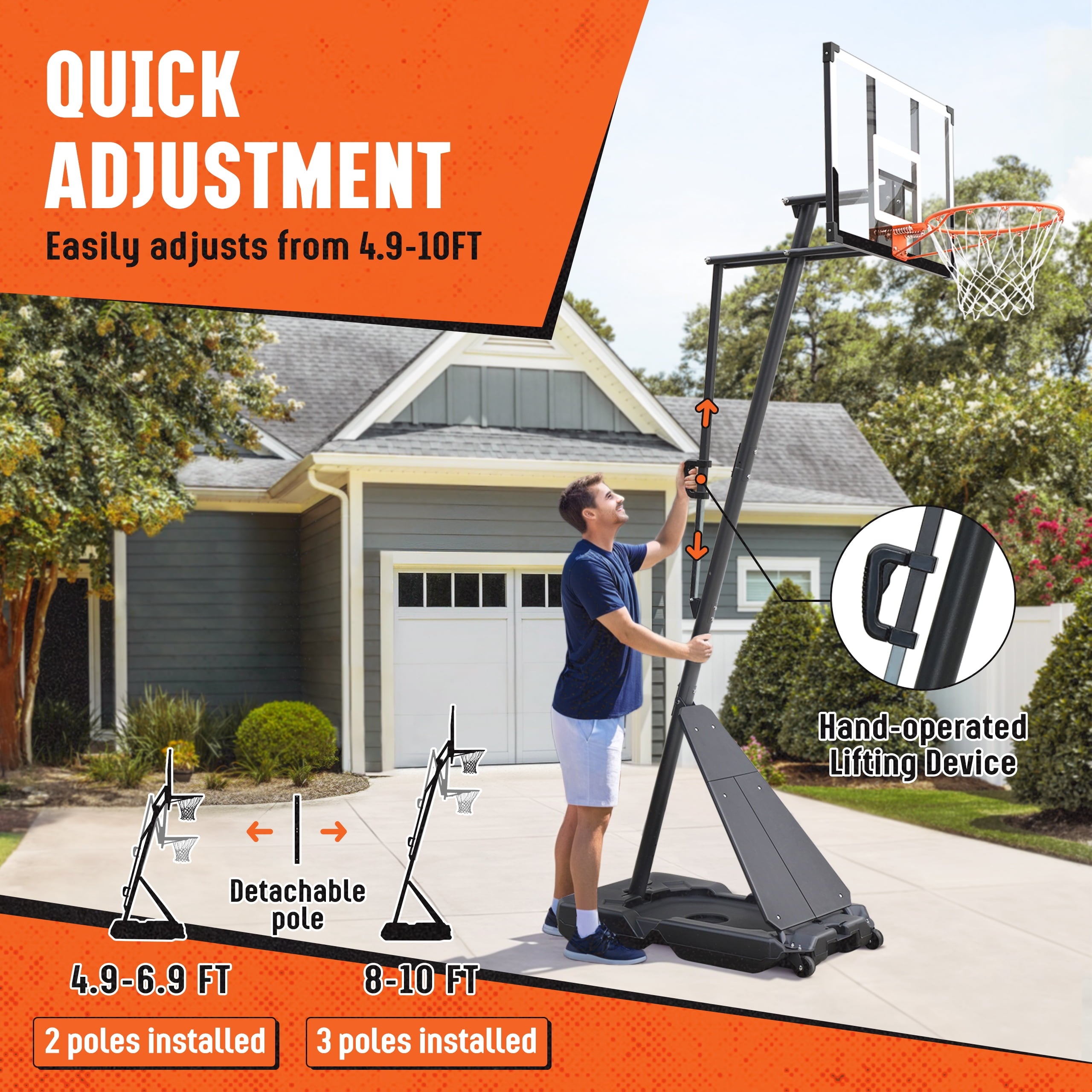 SERAY Basketball Hoop with 4.9-10 feet Height Adjustable for Kids/Adults, Portable Basketball Goal with 44 inch Backboard and 2 Wheels for Outdoor/Indoor Sports