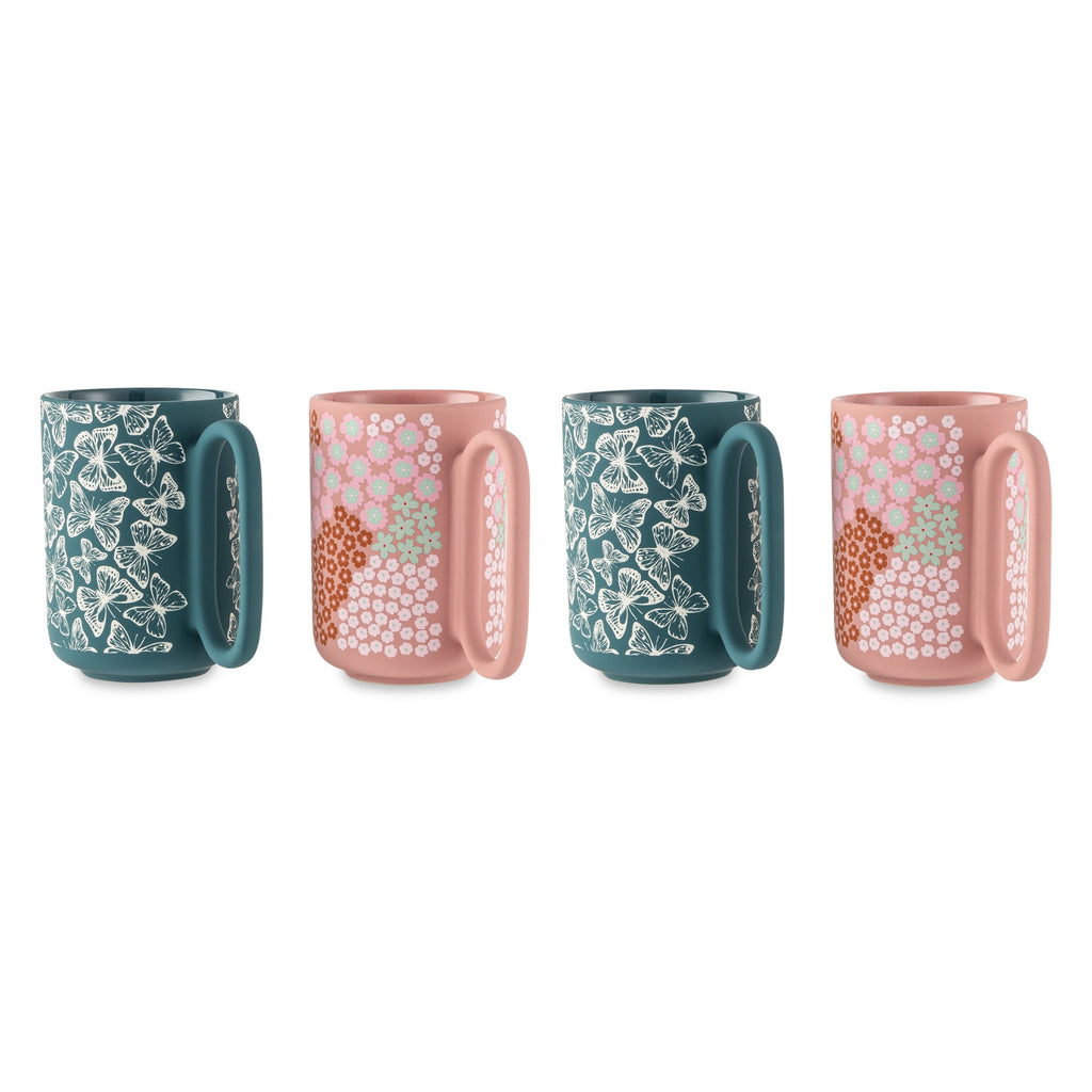 Thyme & Table 4 Pack Green Butterflies and Pink Flowers Mugs 19.6 fl oz, Soft Touch, Stoneware