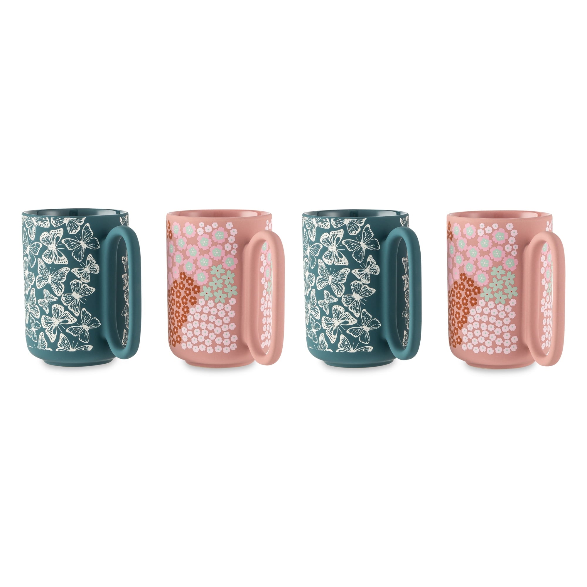 Thyme & Table 4 Pack Green Butterflies and Pink Flowers Mugs 19.6 fl oz, Soft Touch, Stoneware